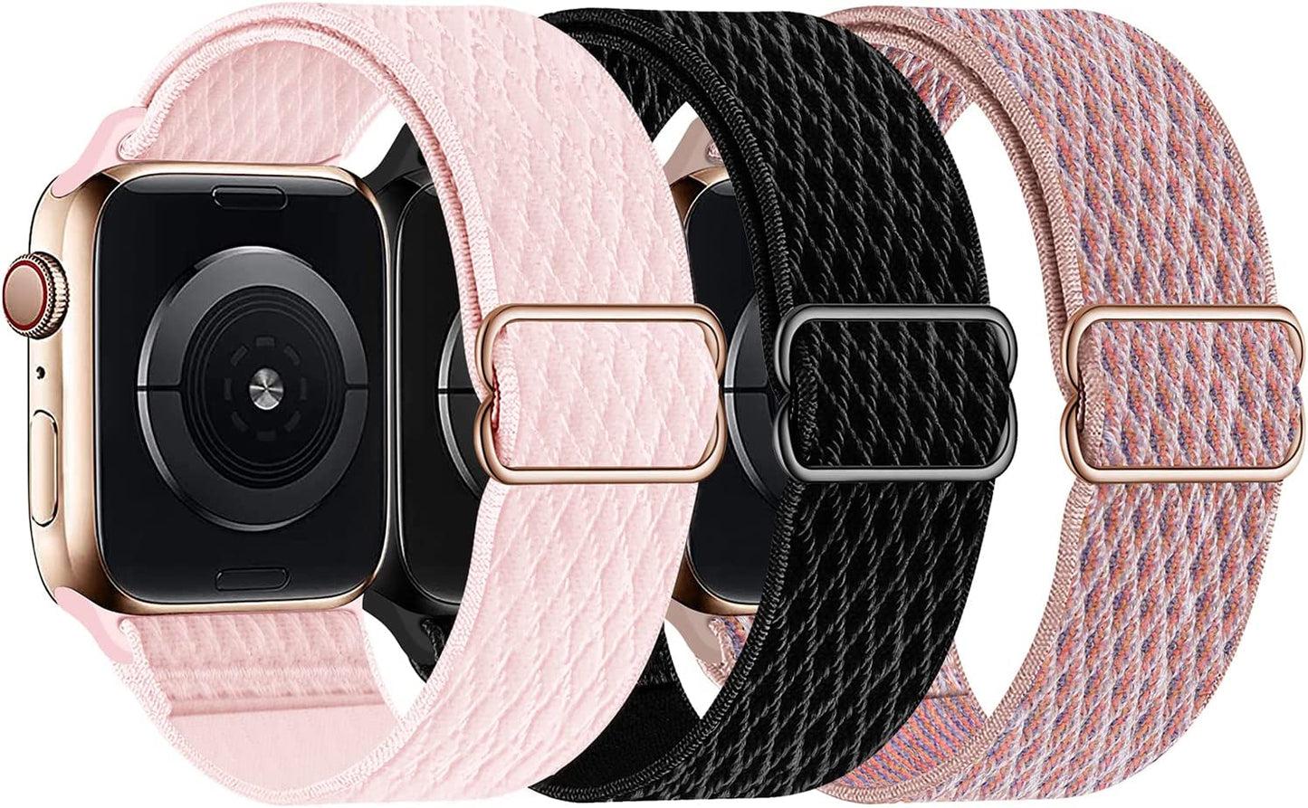 Swhatty Stretchy Nylon Solo Loop Bands Compatible with Apple Watch 41Mm 40Mm 38Mm, Adjustable Braided Sport Elastics Women Men Strap for Iwatch Series 8 7 6 5 4 3 2 1 SE (Black, Rose Pink, Cream)  Swhatty Black/Pink sand/Pearl pink 38mm/40mm/41mm 