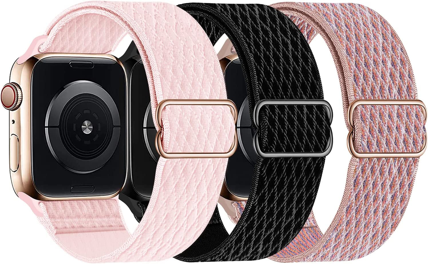 Swhatty Stretchy Nylon Solo Loop Bands Compatible with Apple Watch 41Mm 40Mm 38Mm, Adjustable Braided Sport Elastics Women Men Strap for Iwatch Series 8 7 6 5 4 3 2 1 SE (Black, Rose Pink, Cream)  Swhatty Black/Pink sand/Pearl pink 38mm/40mm/41mm 
