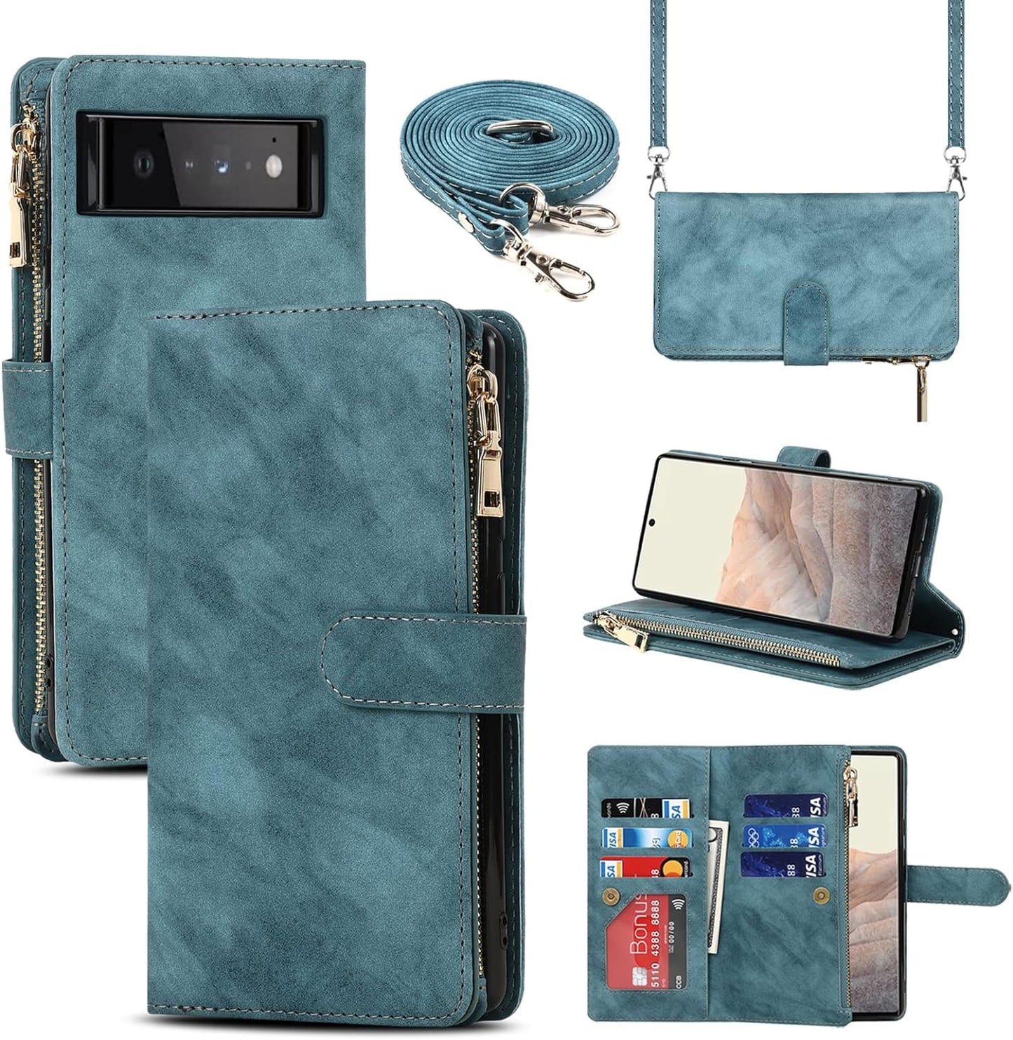 Jaorty Compatible with Google Pixel 6 Wallet Case,[6 Card Slots] [Wrist Strap] [Stand Feature] Detachable 2 in 1 Magnetic Zipper Leather Cover Case for Google Pixel 6,6.4" Rosegold  Jaorty 9 Card Slots Lanyard Blue  