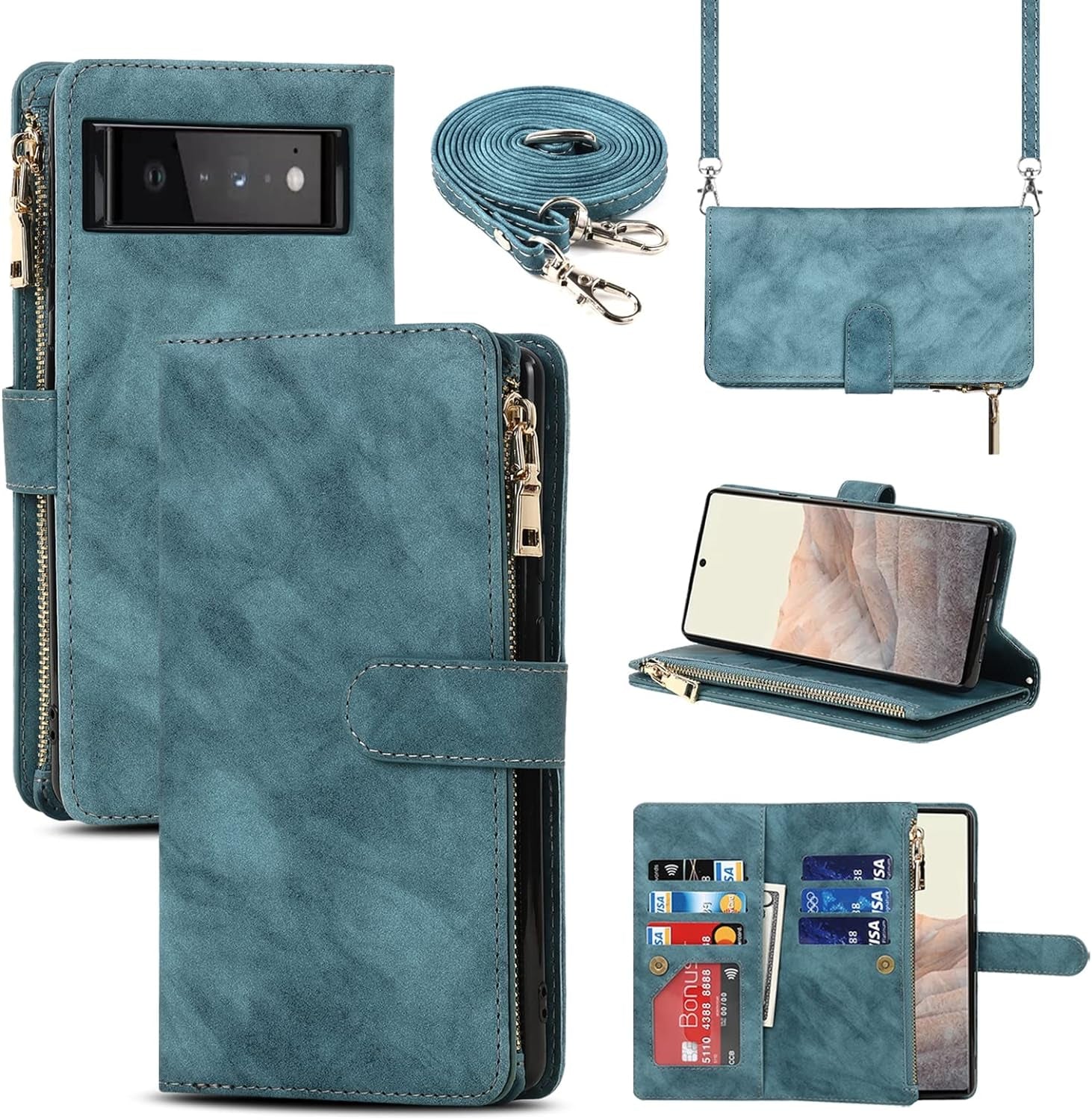 Jaorty Compatible with Google Pixel 6 Wallet Case,[6 Card Slots] [Wrist Strap] [Stand Feature] Detachable 2 in 1 Magnetic Zipper Leather Cover Case for Google Pixel 6,6.4" Rosegold  Jaorty 9 Card Slots Lanyard Blue  