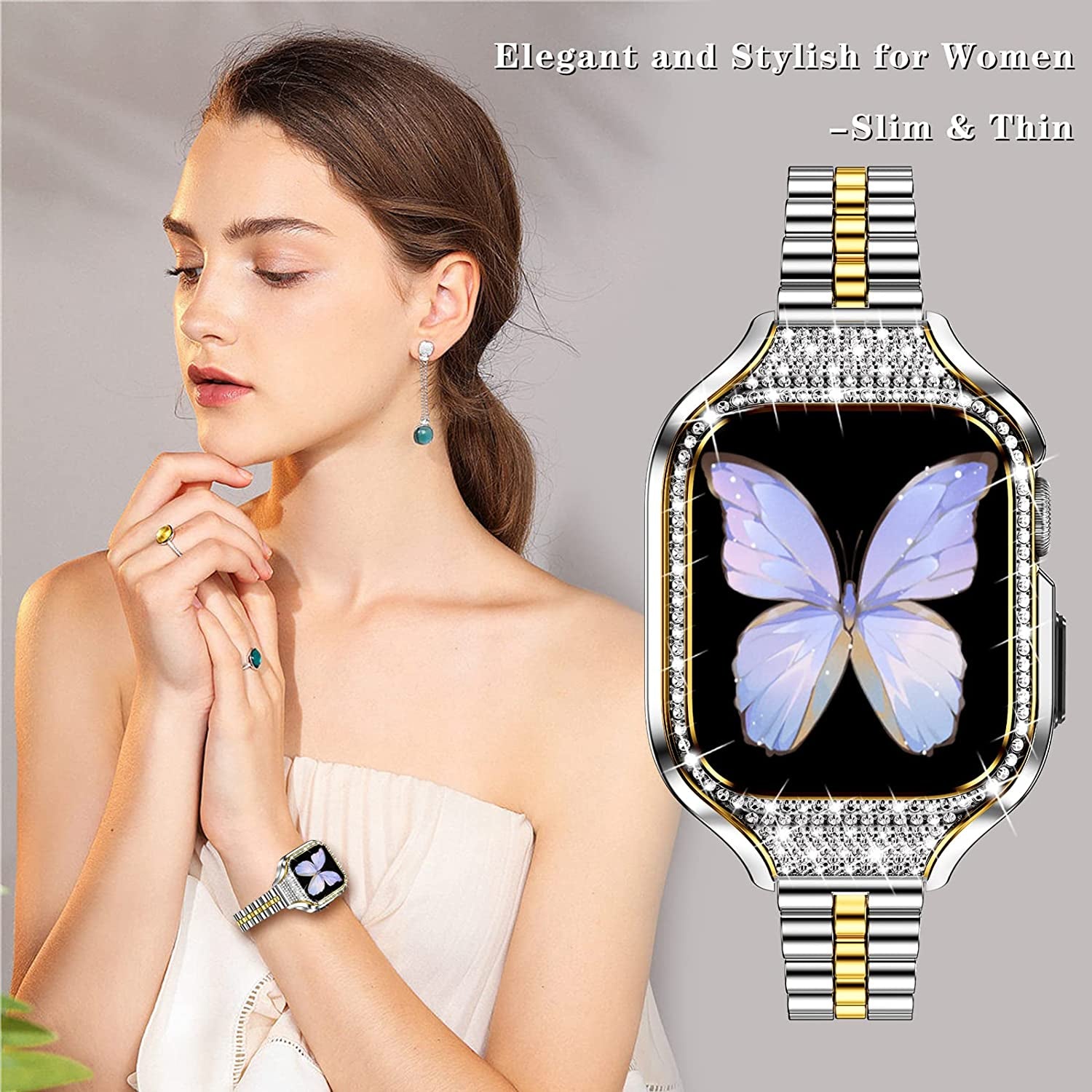 Miohhr Metal Case with Band Compatible with Apple Watch Band Series 8 7(41Mm),Series 6/5/4 (40Mm),Series 3/2/1 (38Mm),Slim Stainless Steel Strap with Bling Diamond Protective Bumper Cover for Iwatch Bands Women  MioHHR   