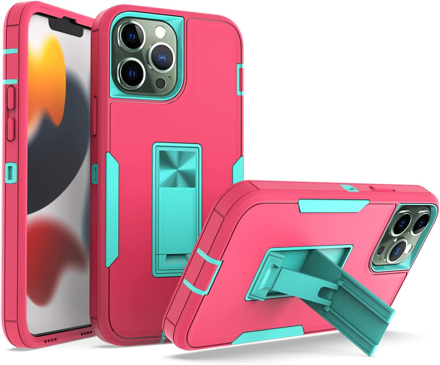 Wulibox Professional Design for Iphone 12 Pro Max Case with Stand, Shockproof Drop Protection, Fit for Magnetic Car Mount, Upgrade Hard Pc&Premium Soft TPU Kickstand for Men Women (Black-Orange)  Wulibox Rose-Cyan  
