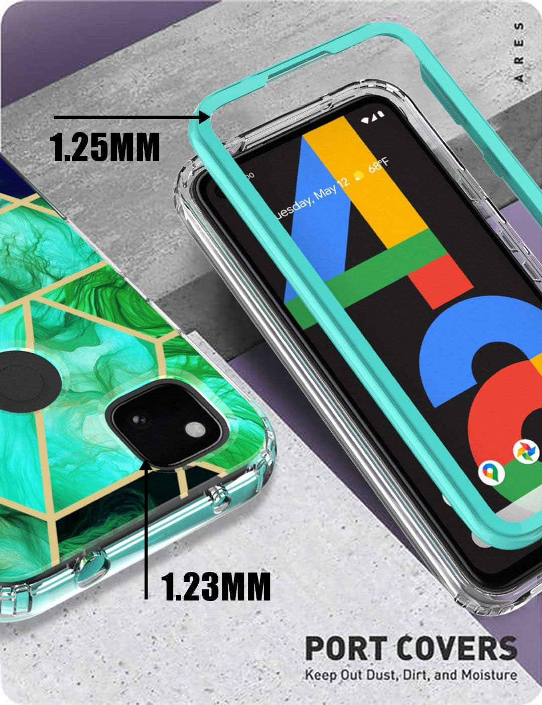 Jeylly Google Pixel 4A Case with Tempered Glass Screen Protector [2 Pack] [Not for 4A 5G], Hybrid Shockproof Slim Stylish Marble Design Protective Case for Google Pixel 4A 5.8 Inch (2020), Jade Green  Jeylly   