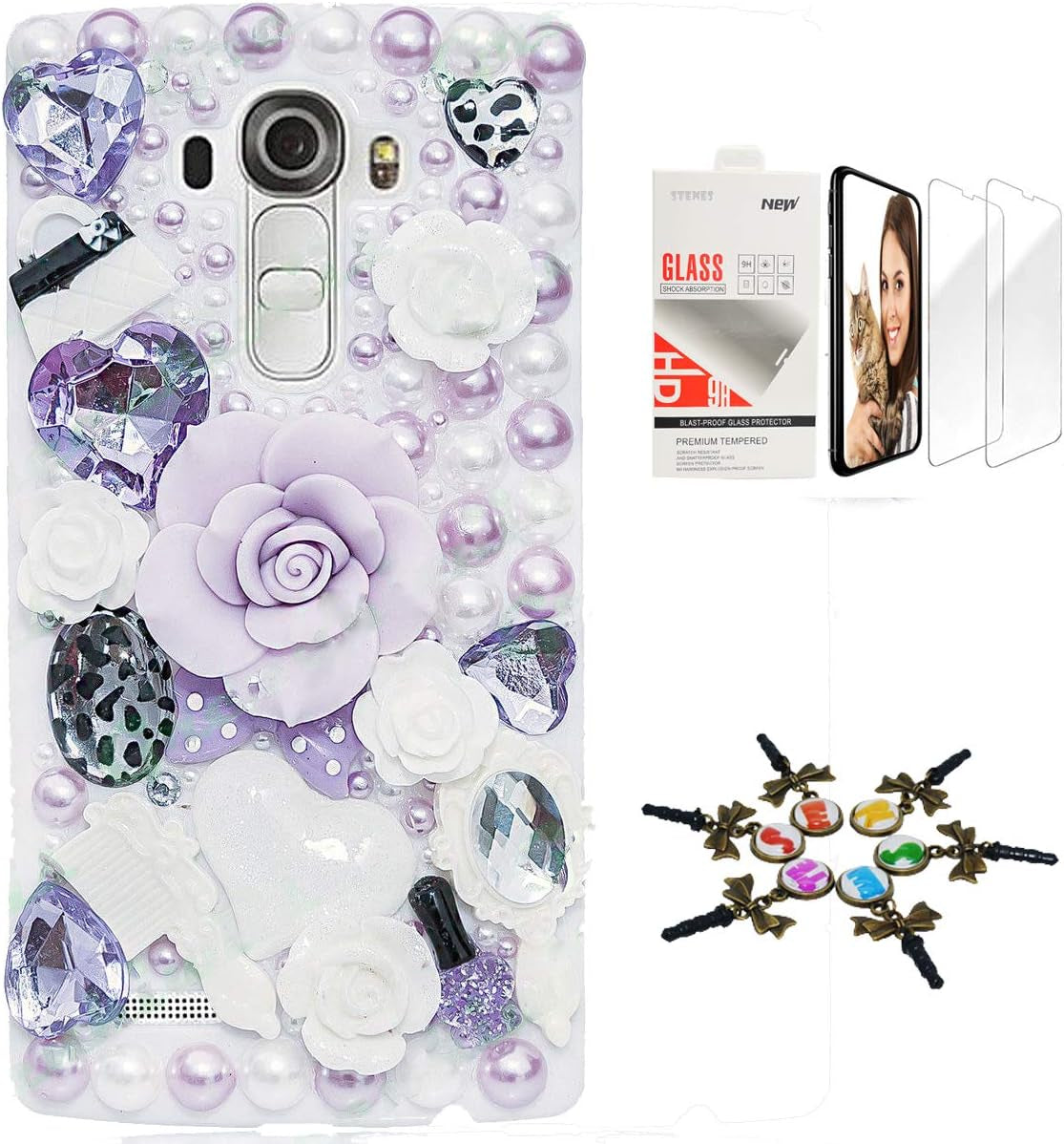 STENES Bling Case Compatible with LG V40 Thinq - Stylish - 3D Handmade [Sparkle Series] Big Rose Heart Cosmetic Flowers Design Cover with Screen Protector [2 Pack] - Purple  STENES Big Rose Heart Cosmetic Flowers / Light Purple Design For Lg V40 Thinq 
