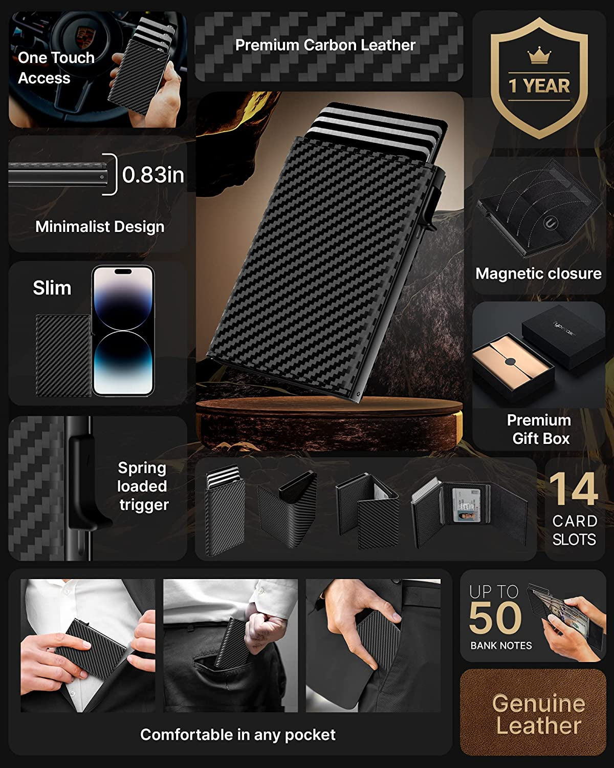 Typecase Mens Wallet Card Holder: Pop up Aluminum Case, Carbon Fiber Leather, Smart, RFID Blocking, Slim, Minimalist, Front Pocket - 9-14 Card Capacity | ID Window | Cash Slot (Black)  typecase   