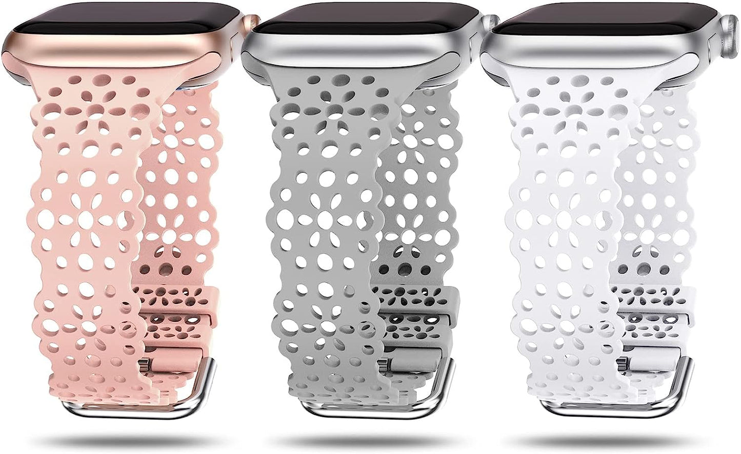TOYOUTHS Compatible with Apple Watch Band Women 41Mm 40Mm 38Mm Soft Stretchy Silicone Lace Flower Cut-Outs Scalloped Breathable Waterproof Lacy Band for Iwatch Series 8 7 6 5 4 3 2 1 SE  TOYOUTHS Pink Sand/White/Grey 41/40/38mm 