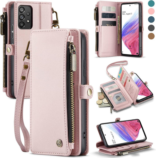 Defencase for Samsung Galaxy A53 5G Case, RFID Blocking Samsung A53 5G Case Wallet for Women Men, PU Leather Magnetic Flip Strap Zipper Card Holder Wallet Phone Case for Galaxy A53 5G, Fashion Pink  Defencase   