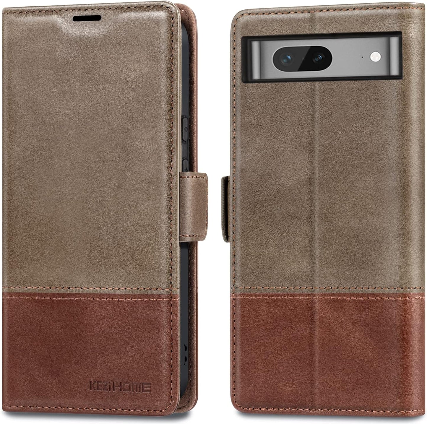 Kezihome Case for Google Pixel 7A, Genuine Leather Wallet Case with Card Holder [RFID Blocking] Kickstand Flip Protective Heavy Duty Phone Cover for Google Pixel 7A 5G 2023 (Red/Brown)  KEZiHOME Gray/Brown Google Pixel 7 
