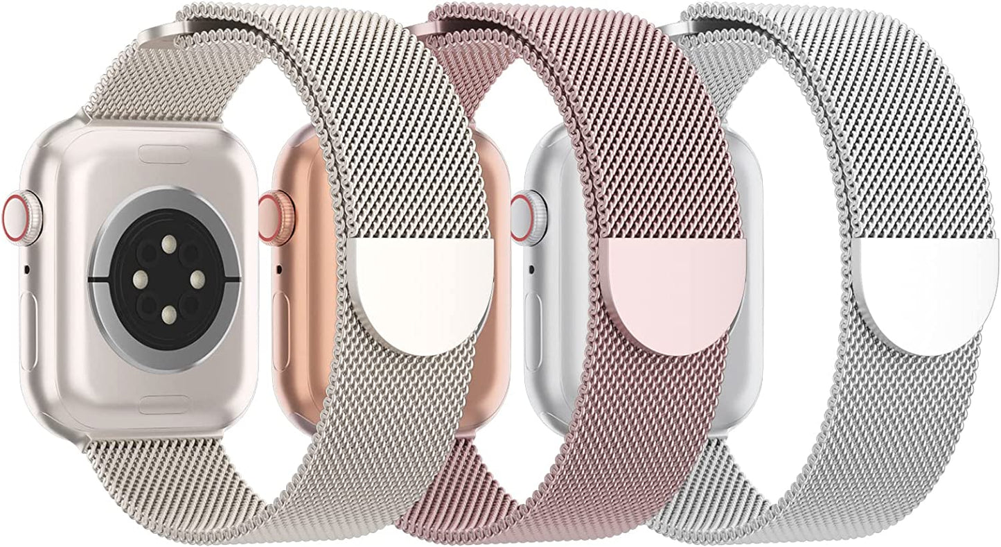STEEZRD 3 Pack Mesh Metal Bands Compatible with Apple Watch Band 38Mm 40Mm 41Mm 42Mm 44Mm 45Mm 49Mm, Stainless Steel Magnetic Loop Strap Wristband for Iwatch Ultra Series 8/SE/7/6/5/4/3/2/1 Men Women  STEEZRD F-Starlight/Rose Gold/Silver 42/44/45/49mm 