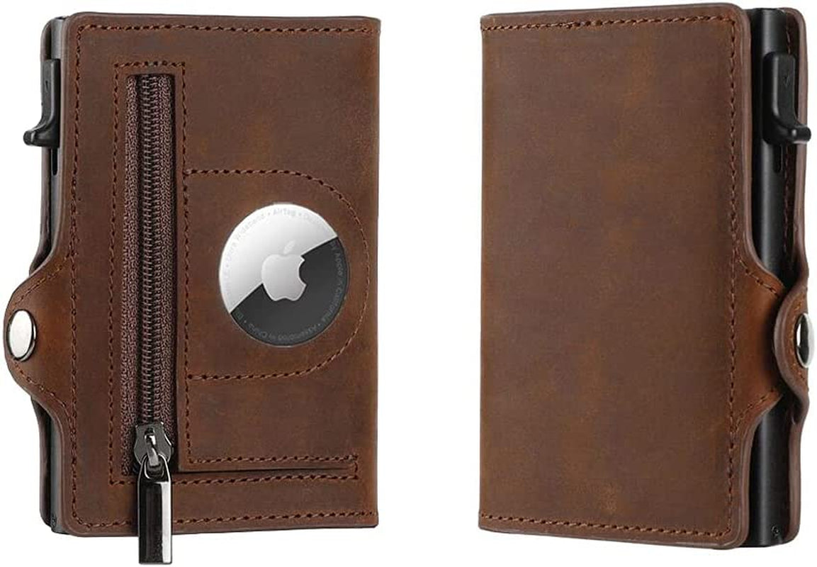 Airtag Wallet Genuine Premium Leather Credit Card Money Holder Airtag Cover Air Tag Case Automatic Pop up Wallet Aluminum Slim Pocket Bifold (Carbon Fiber)  Generic Coffee  