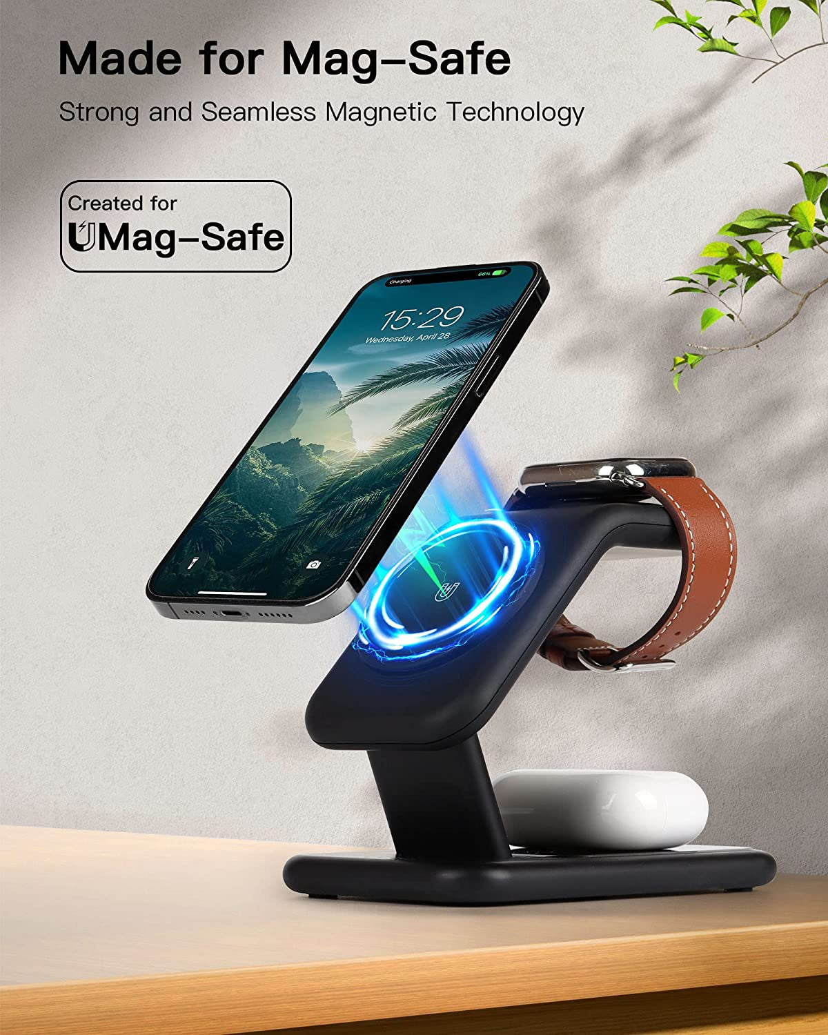 3-In-1 Magsafe Charger Stand, 18W Fast Magnetic Charger for Iphone 14, 13 & 12 Series - Apple Watch & Airpods, Wireless Charging Station for Multiple Devices with Adapter and LED  Zyerch   