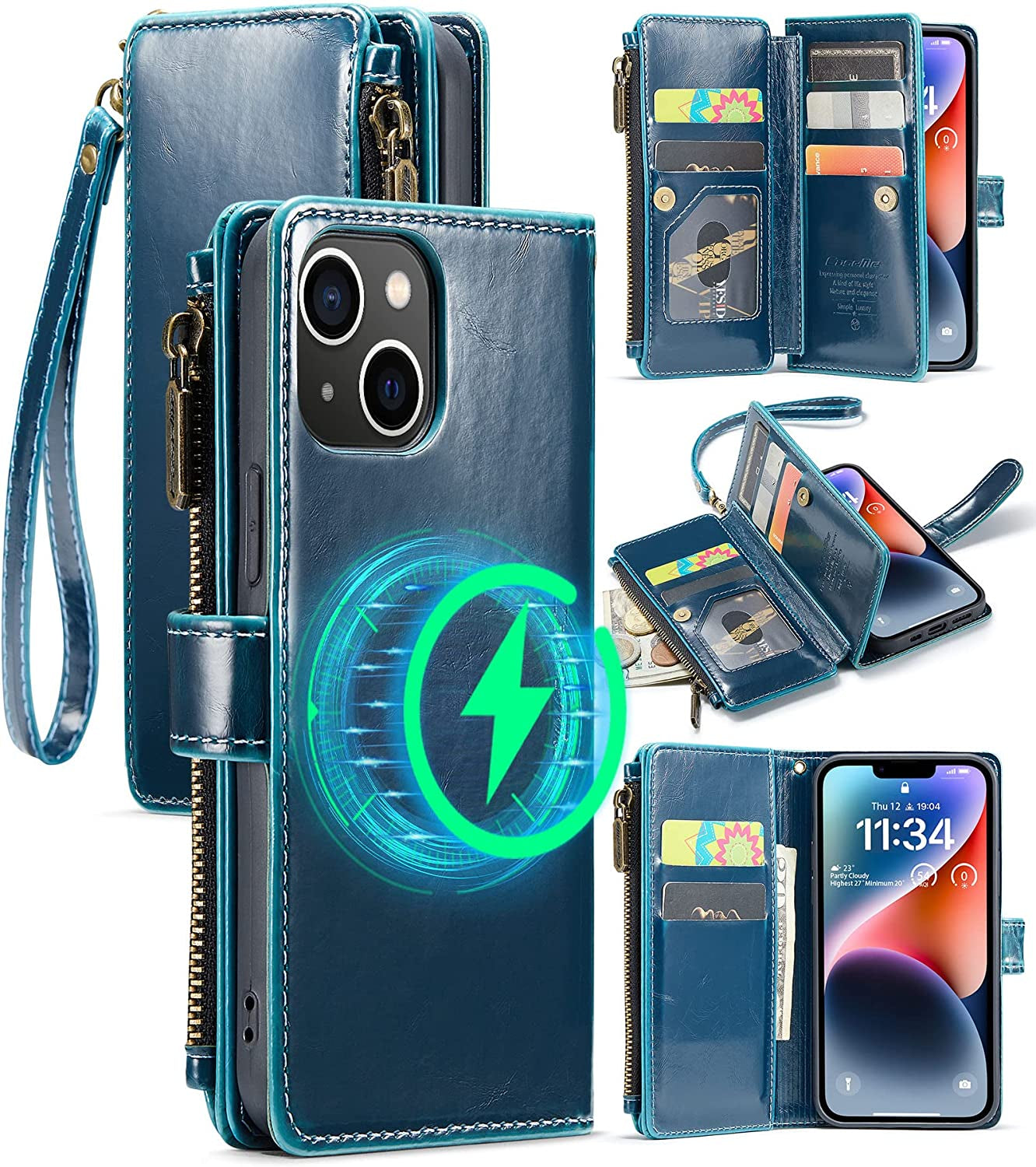 FLIPALM Wallet Case for Iphone 14 Pro(6.1") Flip Case,Compatible with Magsafe Charger,Pu Leather Zipper Protective Lanyard Strap Wristlet Case with Magnetic Closure and Card Holder Luxury Coffee  FLIPALM Luxury Blue iPhone 14 