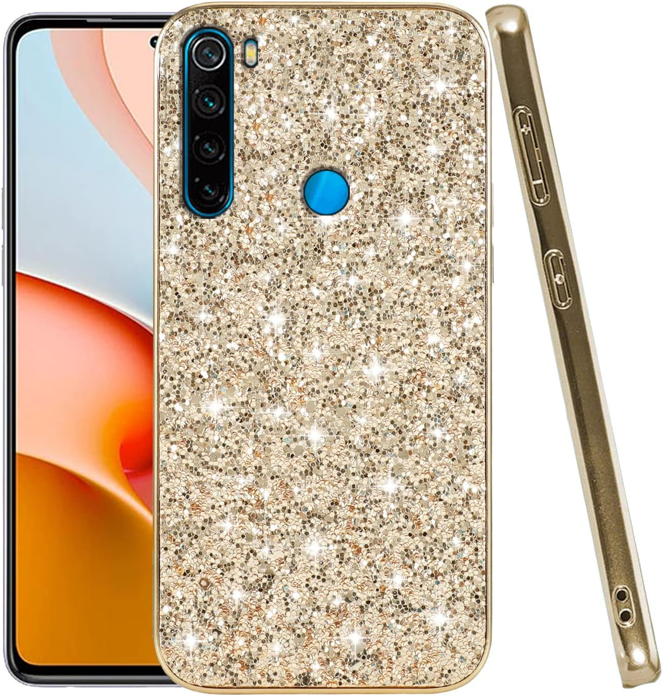 Compatible with Xiaomi Redmi Note 8 Case Glitter Shockproof,Redmi Note 8 Phone Case Bling Sparkly Soft TPU and PC Silicone Shiny Girl Women Thin Protective Cover (Blue)  Wousunly Gold  