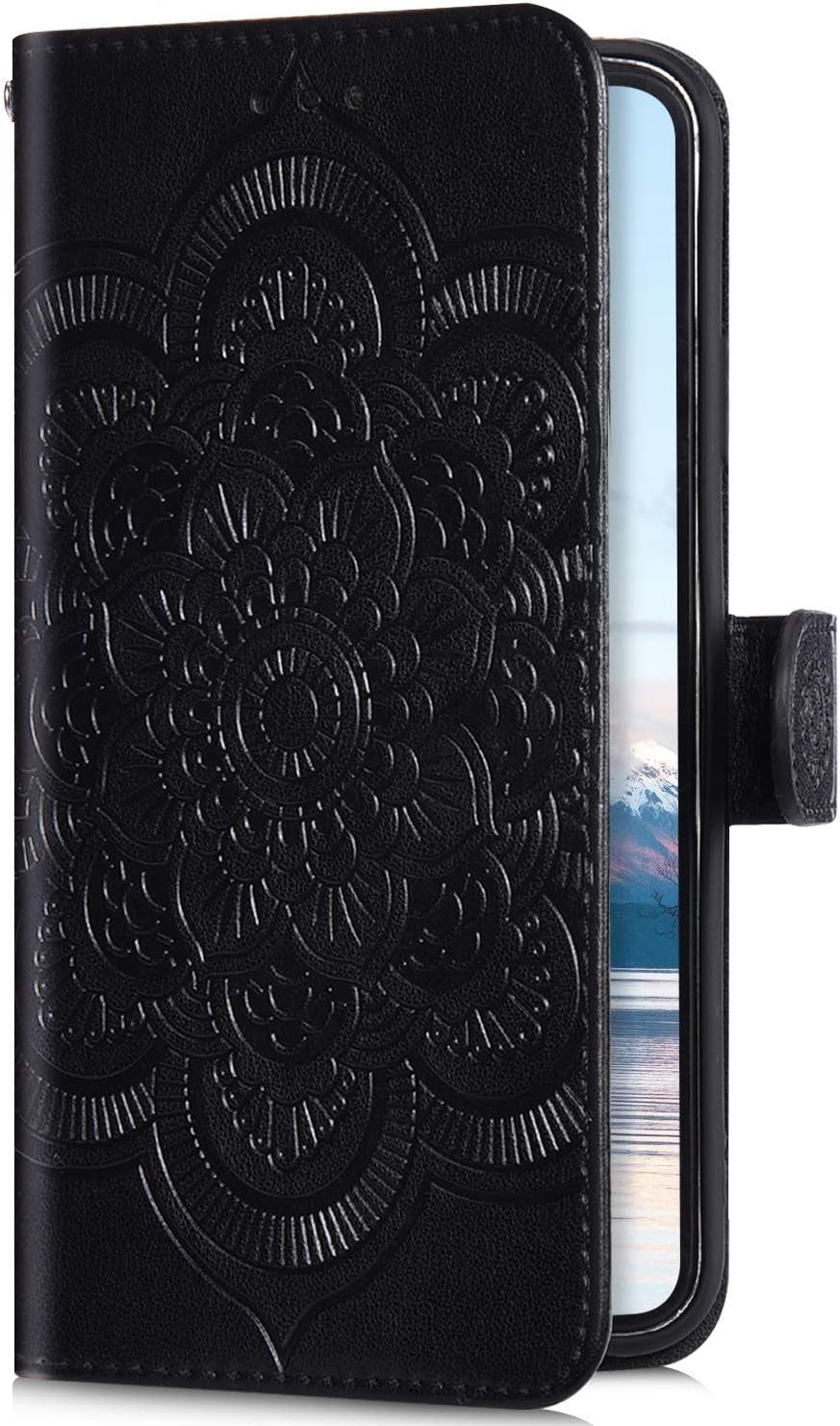 IKASEFU Compatible with LG V40 Thinq Case Emboss Sun Mandala Floral Pu Leather Wallet Strap Case Card Slots Shockproof Magnetic Stand Feature Folio Flip Book Cover Protective Case,Black  IKASEFU   