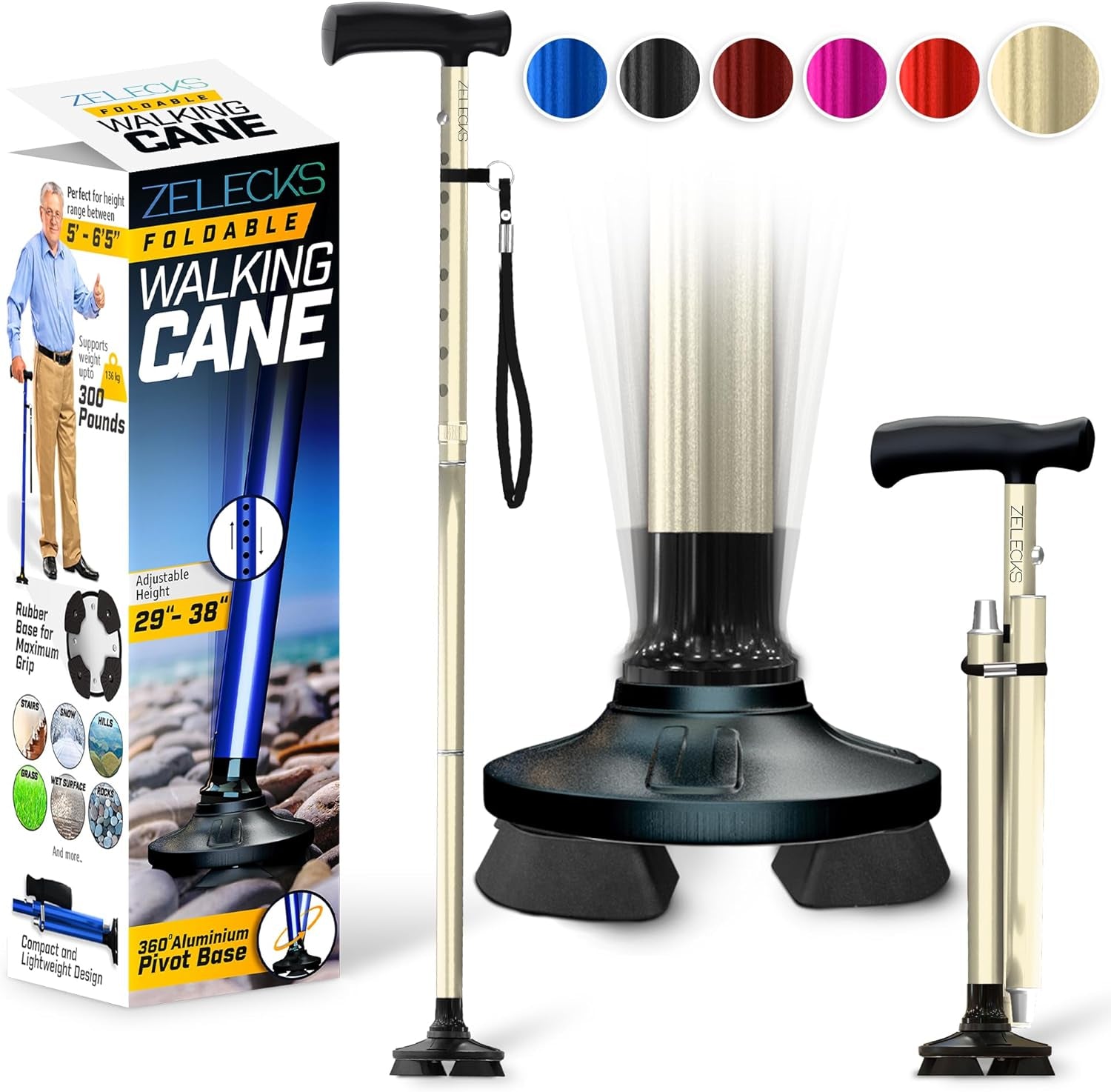 ZELECKS Walking Cane for Women & Men - Self Standing Adjustable Folding Cane with T Handle and 360 Pivot Base - Lightweight Foldable Walking Stick for Seniors - Collapsible Cane for Walking  ZELECKS Silver  