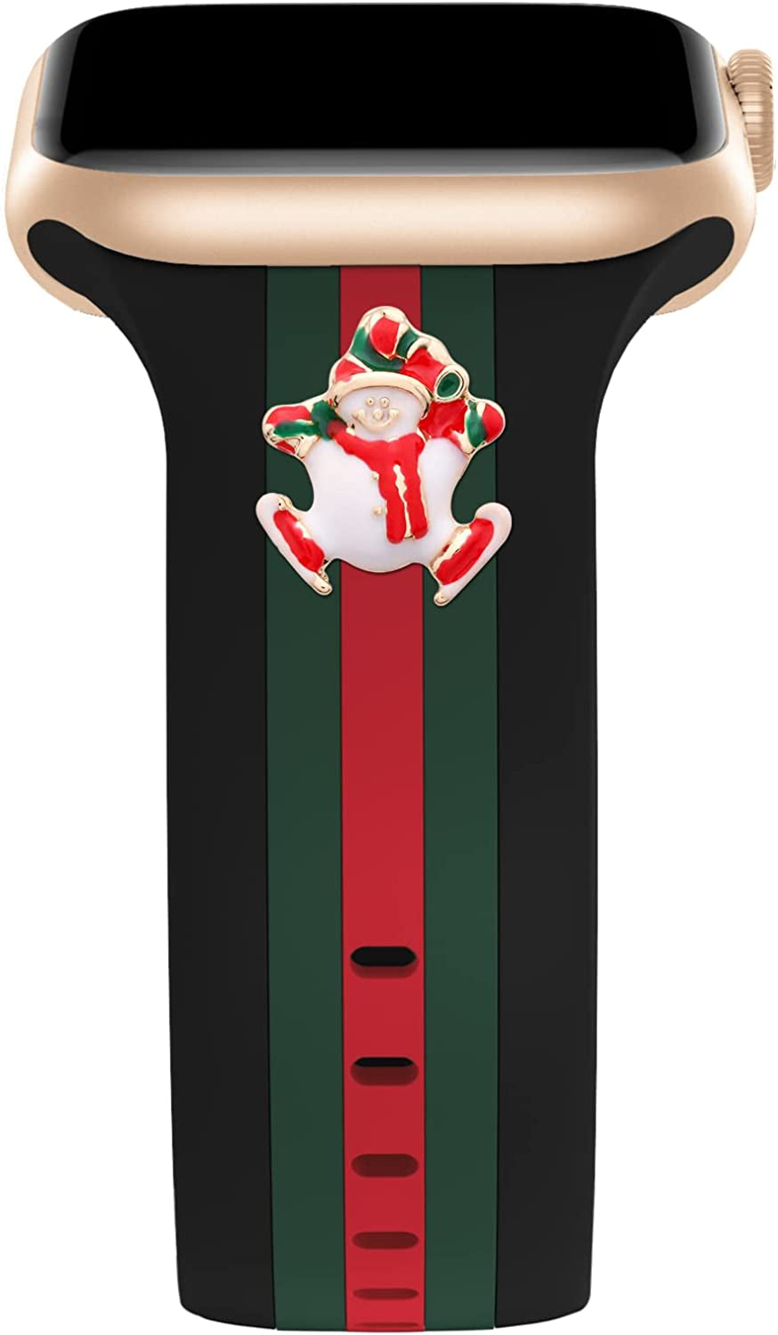 Designer Band with Charms Decor Compatible with Apple Watch Band 38Mm 40Mm 41Mm 42Mm 44Mm 45Mm 49Mm Women Men, Stylish Silicone Sport Wristbands for Iwatch Series 8 7 6 5 4 3 2 1 SE Ultra  Bagoplus Black/Green/Red-Snowman 42mm/44mm/45mm/49mm 