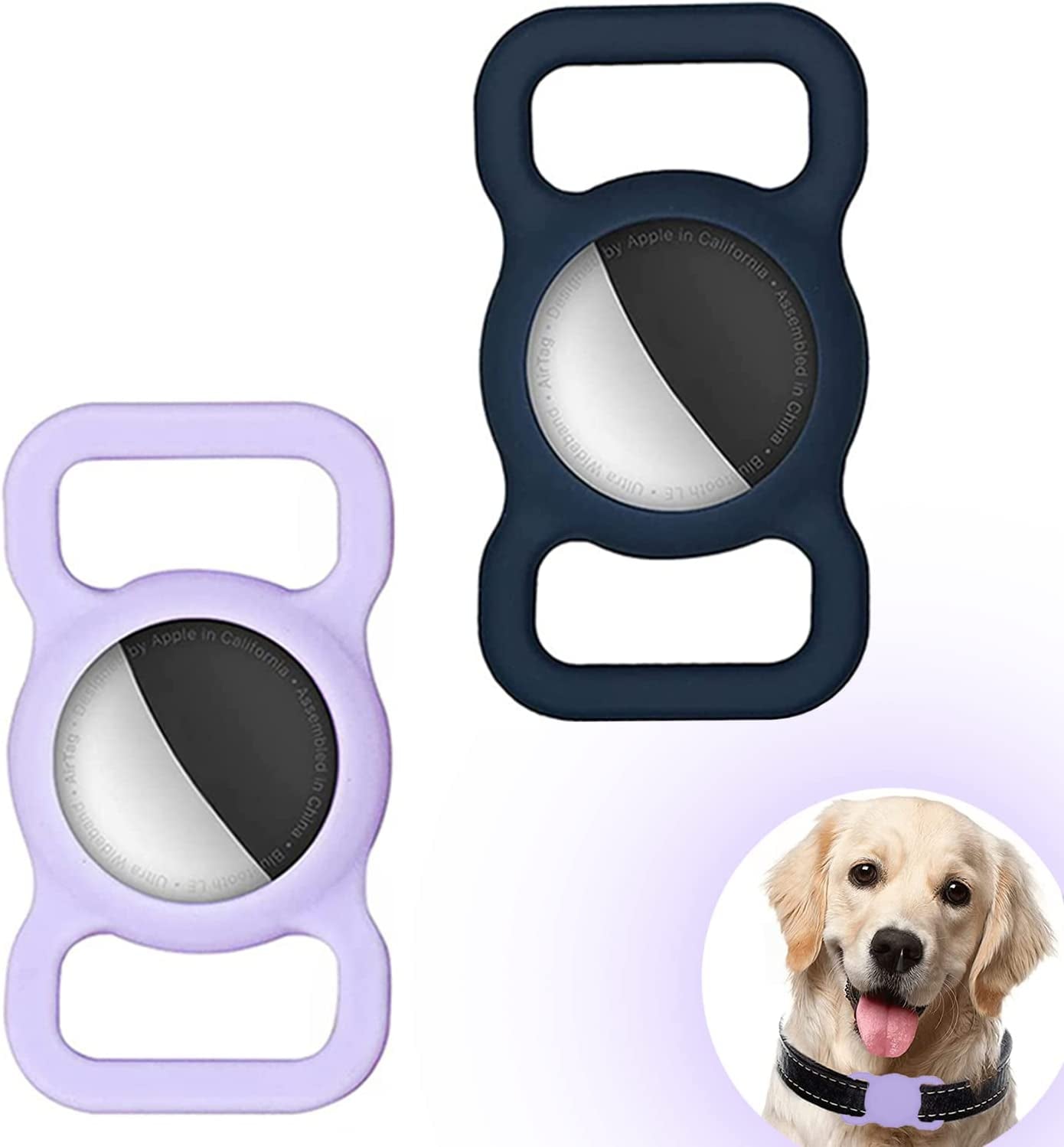 2-Pack Dog Collar Holder Compatible with Airtag, Soft Silicone Waterproof Case for Apple Air Tag Tracker Kids School Bag & Backpack & Dog Pet Collar Loop Holder (Black)  TENTOKU Navy Blue/Taro Purple  