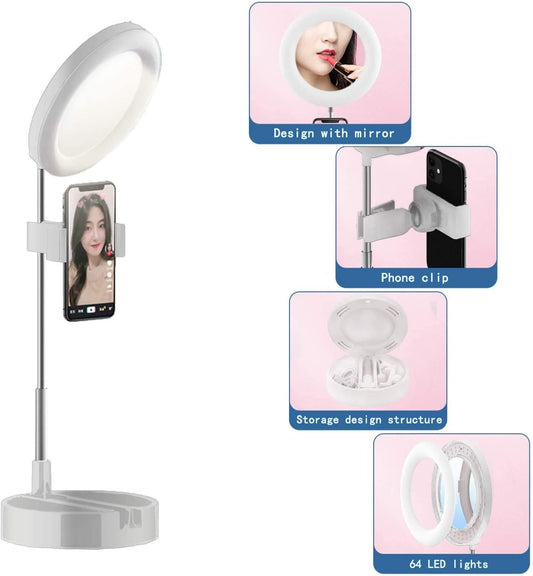 Portable 3 Color Modes 10 Brightness USB 64 LED 6.5" Dimmable Selfie Makeup Ring Light with Mobile Phone Holder and Stand, Desk Lamp with Mirror for Video/Live Streaming/Make-Up/Photography (White)  JM Future   