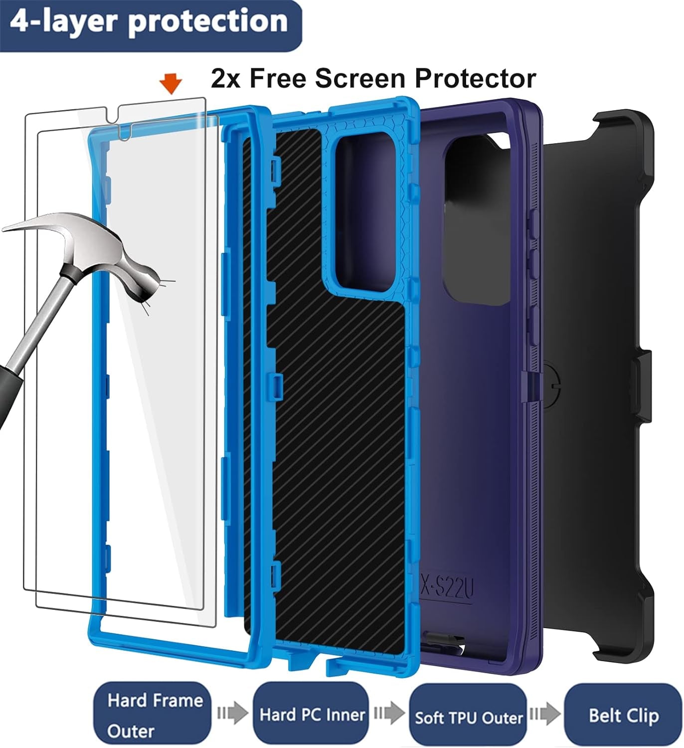 For Galaxy Note 20 Ultra Case with Belt Clip Holster, 2 Screen Protector, Military Grade Full Body Heavy Duty Shockproof Rugged Protective Cover for Samsung Galaxy Note 20 Ultra 5G (Blue)  RubCase   