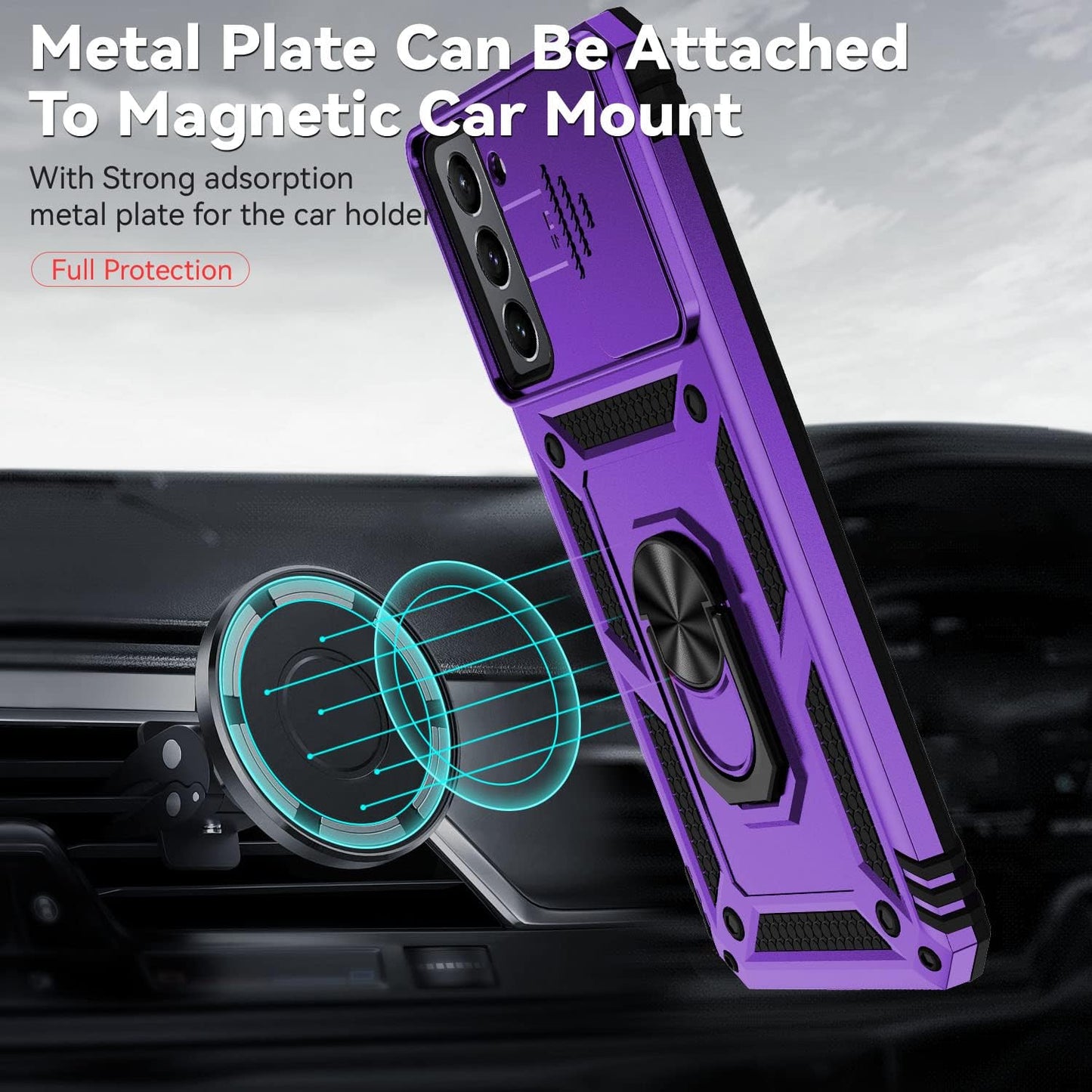 For S21 Case,Galaxy S21 Case,With Screen Protectors and Camera Cover,[Military Grade] 16Ft.Drop Tested Cover with Magnetic Kickstand Protective Case for Samsung Galaxy S21, Purple  SKMY   