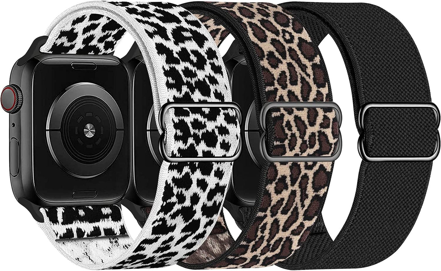 Swhatty Stretchy Nylon Solo Loop Bands Compatible with Apple Watch 41Mm 40Mm 38Mm, Adjustable Braided Sport Elastics Women Men Strap for Iwatch Series 8 7 6 5 4 3 2 1 SE (Black, Rose Pink, Cream)  Swhatty Black/Leopard/White-Leopard 38mm/40mm/41mm 