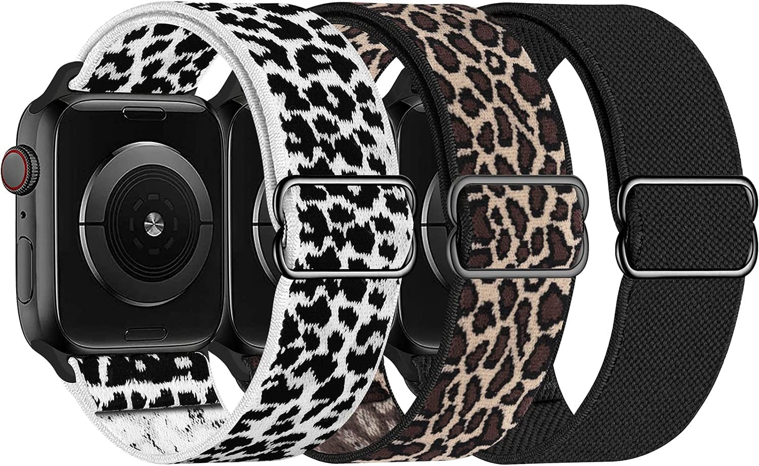 Swhatty Stretchy Nylon Solo Loop Bands Compatible with Apple Watch 41Mm 40Mm 38Mm, Adjustable Braided Sport Elastics Women Men Strap for Iwatch Series 8 7 6 5 4 3 2 1 SE (Black, Rose Pink, Cream)  Swhatty Black/Leopard/White-Leopard 38mm/40mm/41mm 
