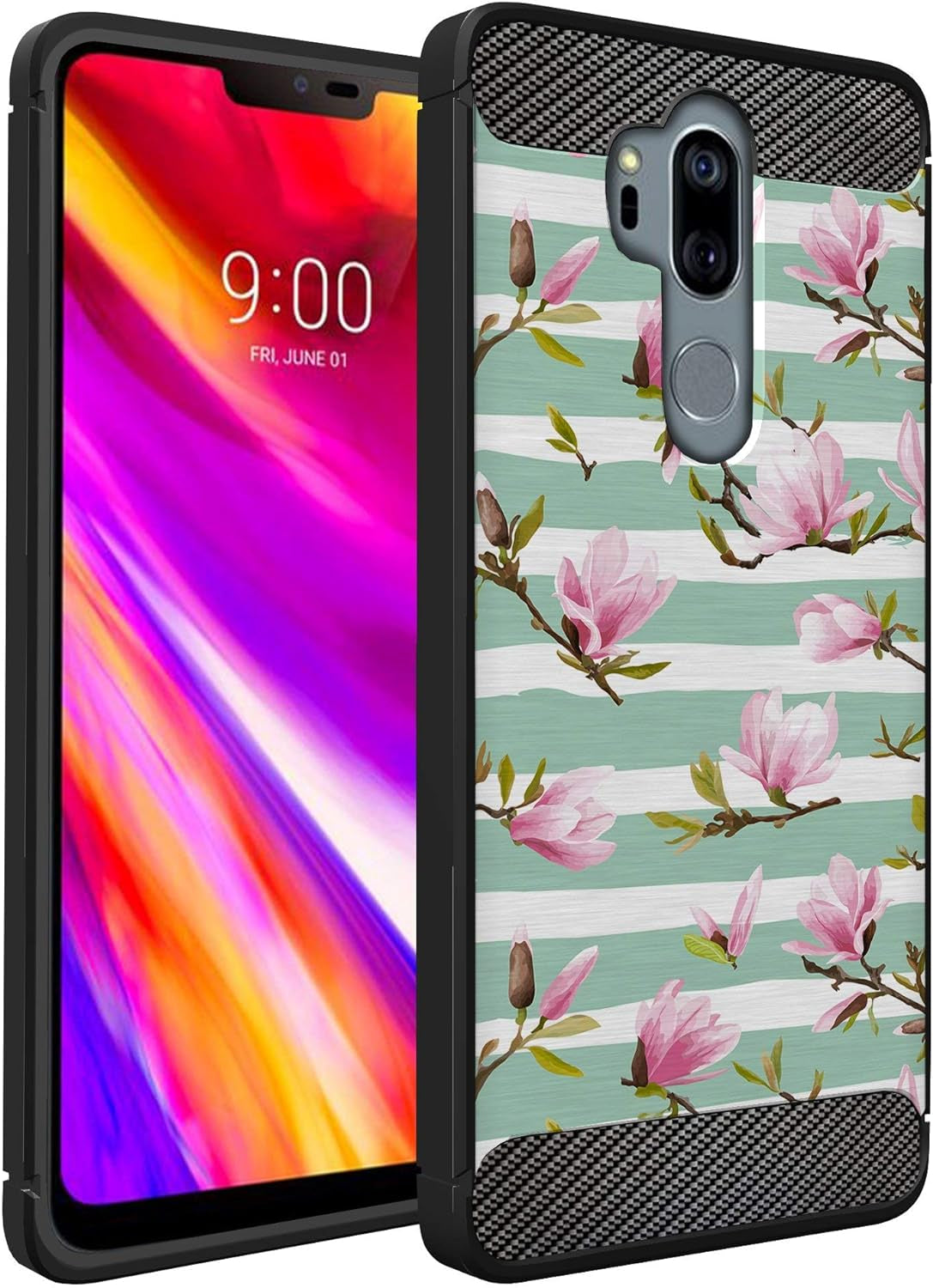 Casesondeck Case Compatible with [LG G7 / LG G7 Thinq] Tribal Floral Matte TPU Flexible Carbon Fiber Textured (Horse Tribal)  CasesonDeck Stripe Flowers  