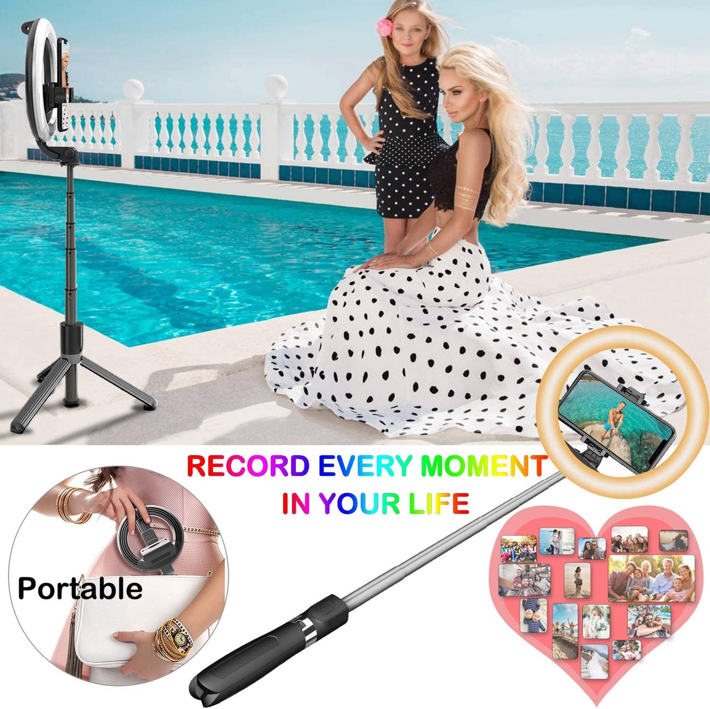Selfie Stick with 6" Ring Light, Tripod and Phone Holder,3 in 1 Portable LED Fill Light Selfie Stick Tripod Remote Control,Dimmable 3 Colors for Youtube Videos Tiktok Live Stream Make-Up  Amailtom   