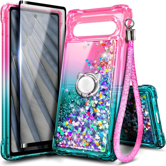 NZND Compatible with Google Pixel 7A (2023) with Tempered Glass Screen Protector, Ring Holder/Wrist Strap, Glitter Liquid Floating Waterfall Durable Girls Women Cute Phone Case (Pink/Aqua)  NZND   