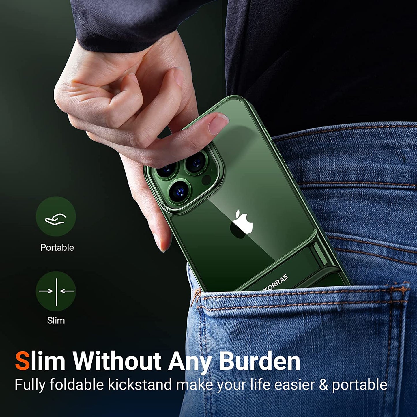 TORRAS Moonclimber for Iphone 13 Pro Max Case, [3 Stand Ways][Non-Yellowing & Military Grade Shockproof] Protective Slim Hard Clear Phone Case with Stand 6.7'' 2021, Green  TORRAS   