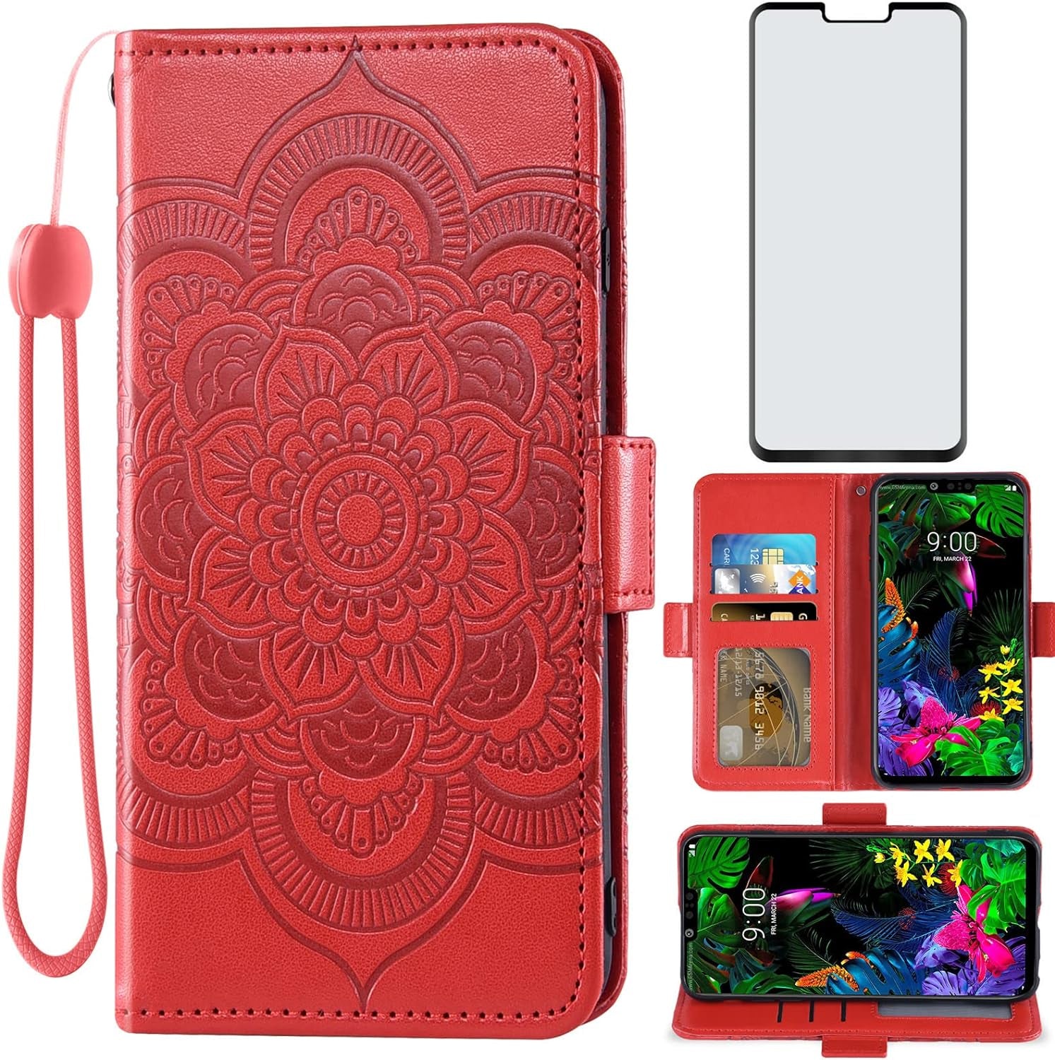 Asuwish Compatible with LG G8 Thinq Wallet Case and Tempered Glass Screen Protector Leather Flip Cover Card Holder Stand Cell Phone Cases for LGG8 Thin Q G 8 LG8 G8Thinq Lgg8Thinq 8G Women Men Blue  Asuwish Red  