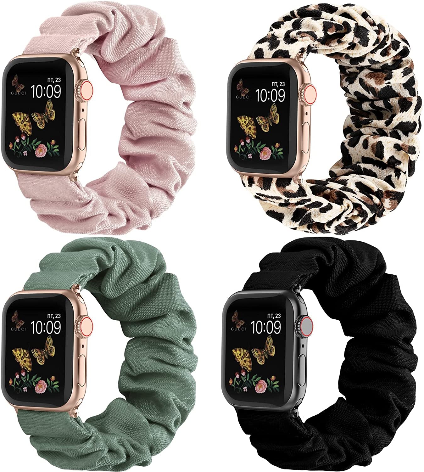 Recoppa Compatible for Apple Watch Band Scrunchie 38Mm 40Mm 41Mm 42Mm 44Mm 45Mm Cute Printed Elastic Solo Loop Bands Women Bracelet Strap for Iwatch Series 8 7 6 5 4 3 2 1 SE, 4 Packs  Recoppa Black/Pink/Pine Green/Leopard 42mm/44mm/45mm-Small 