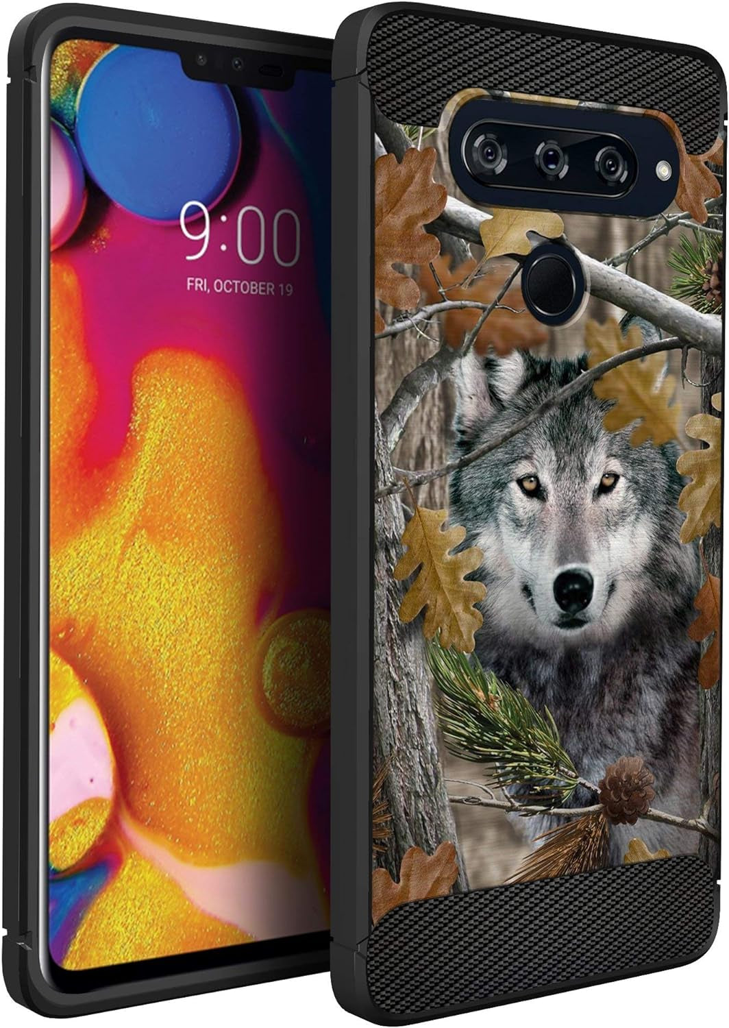 Cases on Deck White Case Compatible with [LG V40 Thinq] Hunters Series Slim No Bulk Carbon Fiber Texture Black Flexible TPU Material (Snow Hunters Camo)  CasesonDeck Wolf Tree Camo  