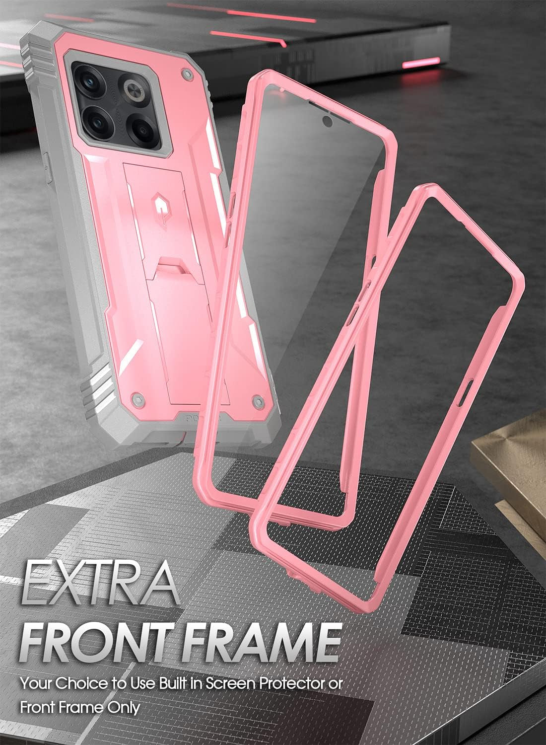 Poetic Revolution Series Designed for Oneplus 10T Case, Full-Body Rugged Dual-Layer Shockproof Protective Cover with Kickstand and Built-In-Screen Protector, Light Pink  Poetic   