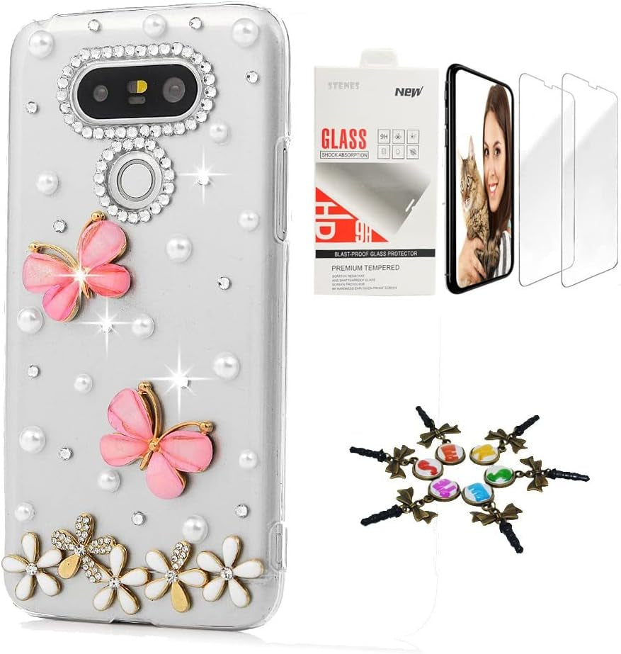 STENES Bling Case Compatible with LG V40 Thinq - Stylish - 3D Handmade [Sparkle Series] Pretty Butterfly Ring Stand Design Cover with Screen Protector [2 Pack] - Pink  STENES Butterfly Flowers Floral / Pink Design For Lg Aristo 2 