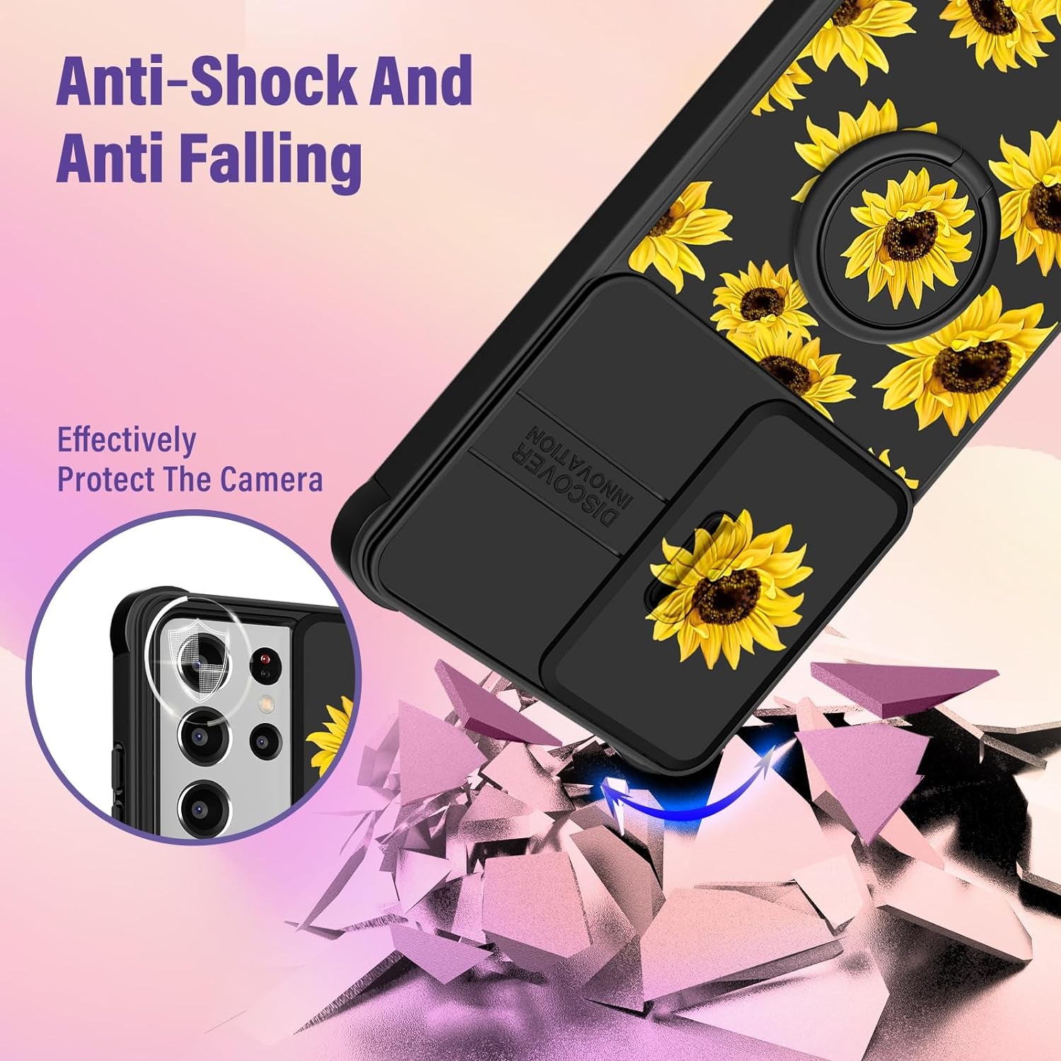 Funermei (2In1 for Samsung Galaxy S21 Ultra Case for Women Sunflower Cute Girls Phone Cover Flowers Floral Girly Sun Flower Black Design with Camera Cover+ Ring Stand for S21 Ultra Case  Funermei   