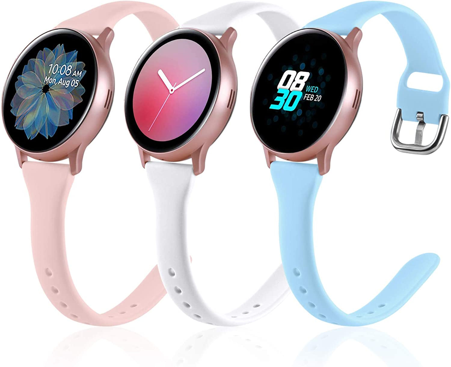 Vcegari (3 Pack) Band Compatible with Samsung Active 2 Watch 40Mm 44Mm, Galaxy Watch 3 41Mm/Galaxy Watch 42Mm/Gear S2 Classic/Gear Sport Bands, 20Mm Slim Silicone Sport Strap for Women Men  Vcegari Light Blue/Pink/White Large 