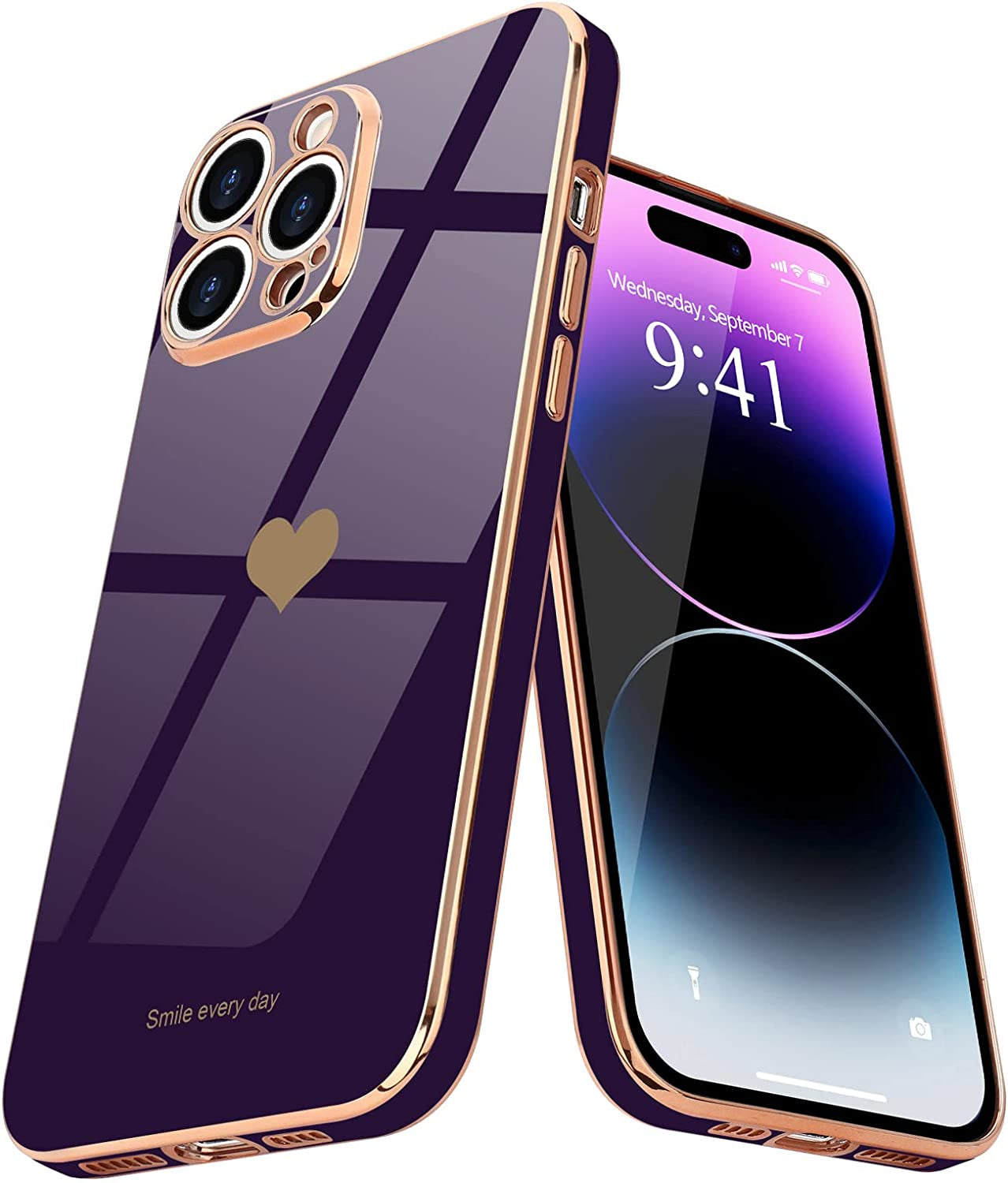Teageo for Iphone 14 Pro Case for Women Girl Cute Love Heart Luxury Plating Soft Bling Back Cover Raised Full Camera Protection Bumper Silicone Shockproof Phone Case for Iphone 14 Pro, Lavender  janzee Dark Purple  