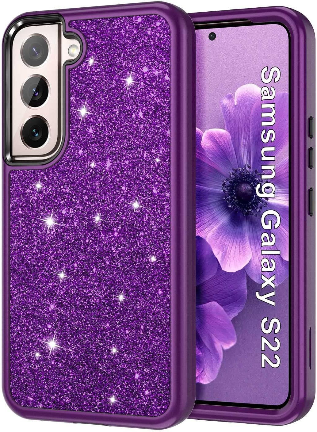 Btscase for Samsung Galaxy S22 5G Case,Marble Pattern 3 in 1 Heavy Duty Shockproof Full Body Rugged Hard Pc+Soft Silicone Drop Protective Women Girl Cover for Samsung Galaxy S22,Dreamland River/Purple  Btscase Purple Sparkly  