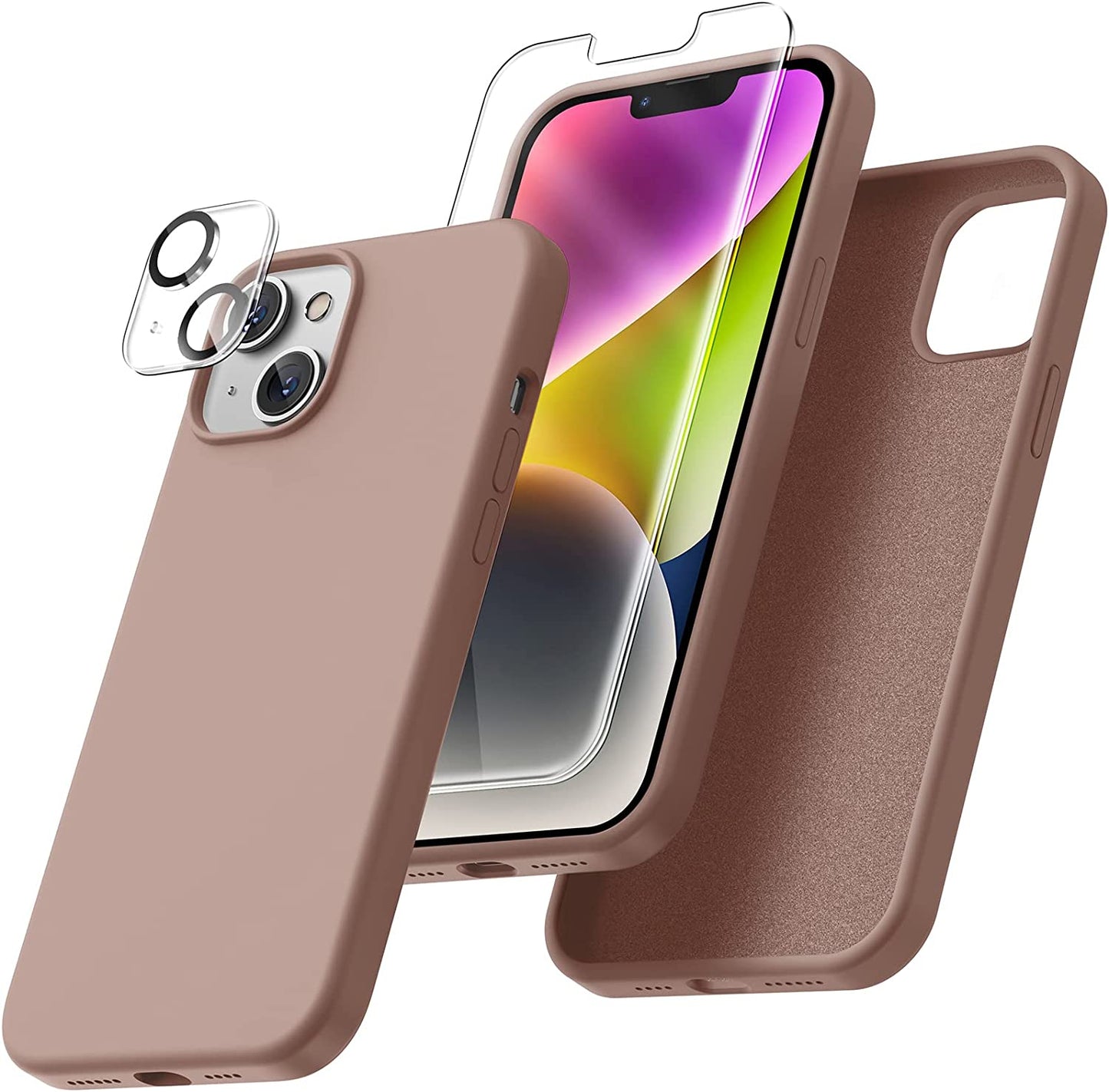 Uyiton [5 In1] Liquid Silicone Iphone 12 PRO Max Case, [Drop Protection] [Full Covered] Shockproof Slim Thin Cover with Microfiber Lining, with 2Xscreen Protector +2Xcamera Lens Protector-Green  Uyiton 14P-Chocolate Iphone 14 Plus 