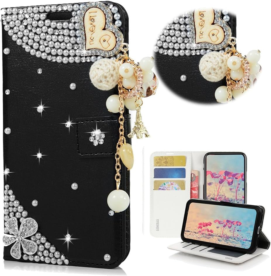 STENES LG G6 Case, LG G6 plus Case - STYLISH - 3D Handmade Bling Crystal Pretty Butterfly Flowers Wallet Credit Card Slots Fold Stand Leather Cover Case for LG G6/LG G6 plus - Black  STENES Heart Pendant Flowers / Black  