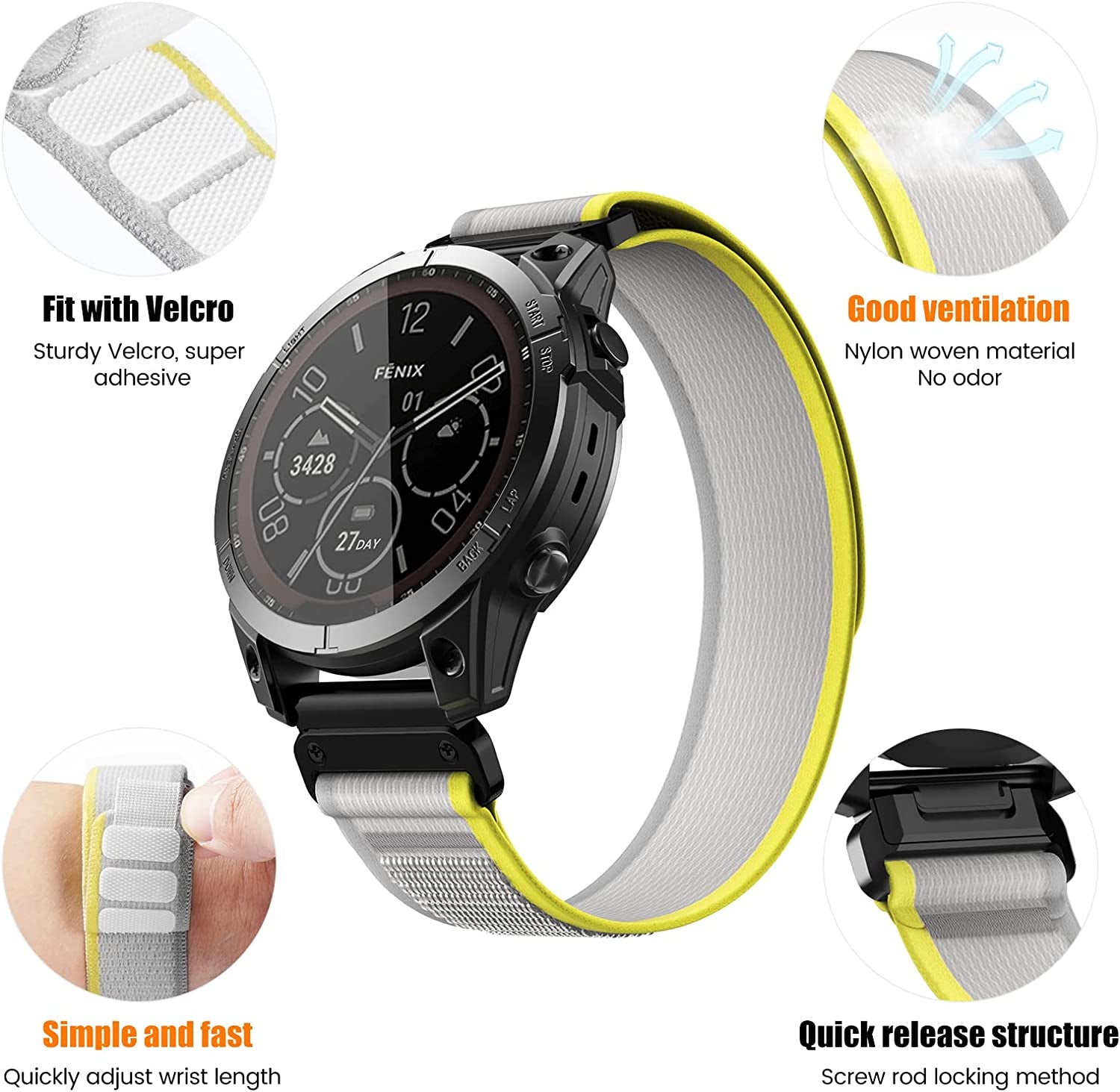 ANCOOL Fenix 7X/6X/5X Band, 26Mm Easy Fit Nylon Straps Compatible for Garmin Fenix 3/5X Plus/6X Pro/Tactix Delta/Enduro 2 Bands（Yellow/White）  ANCOOL   