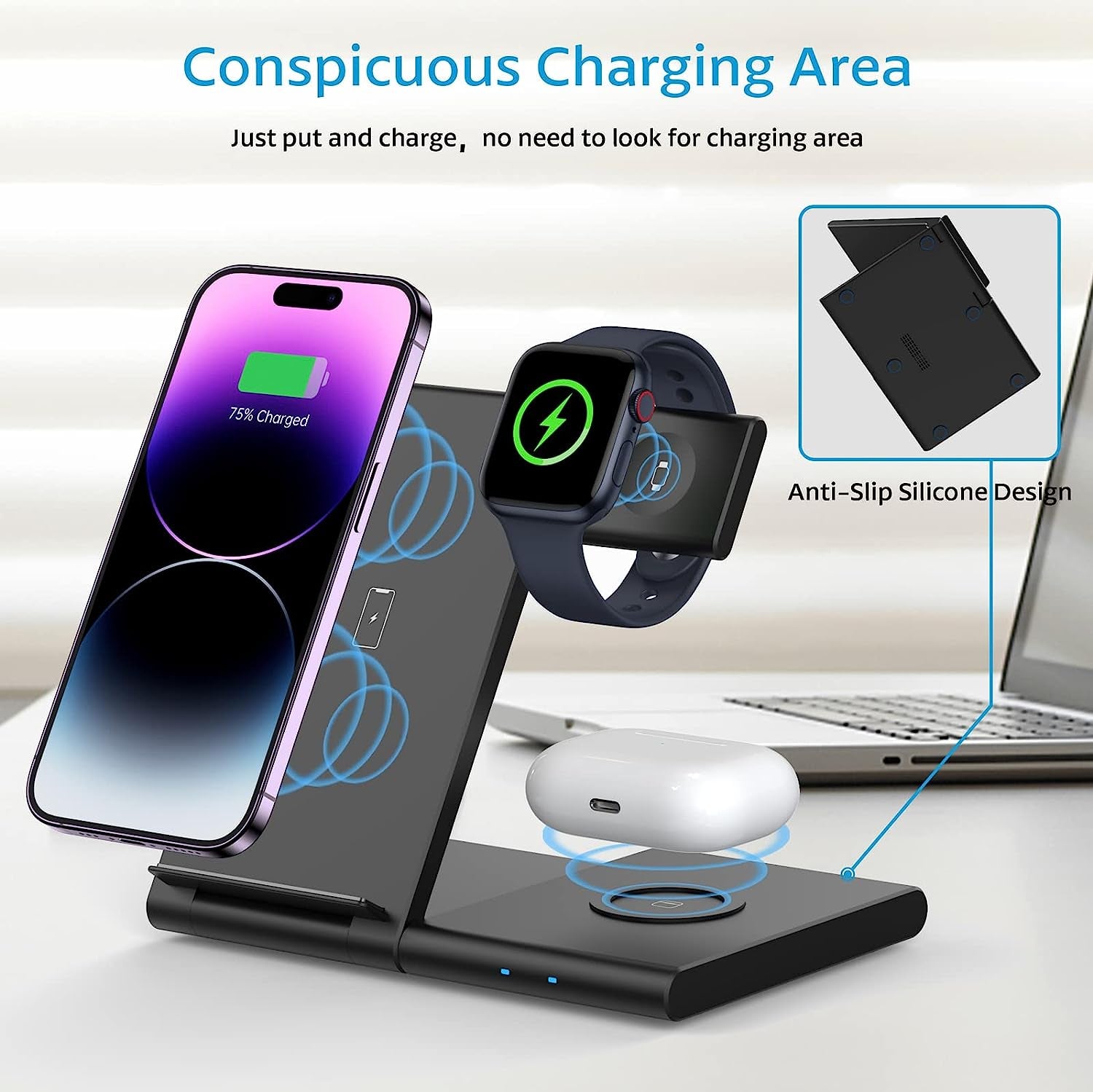 Wireless Charging Station WATOE 3 in 1 Fast Wireless Charger Stand Foldable for Iphone 14/13/12/11 (Pro, Pro Max)/Xs/Xr/X/8 (Plus), Apple Watch Series 8/7/6/SE/5/4/3/2 & Airpods 3/2/Pro with Adapter  Bormmie   
