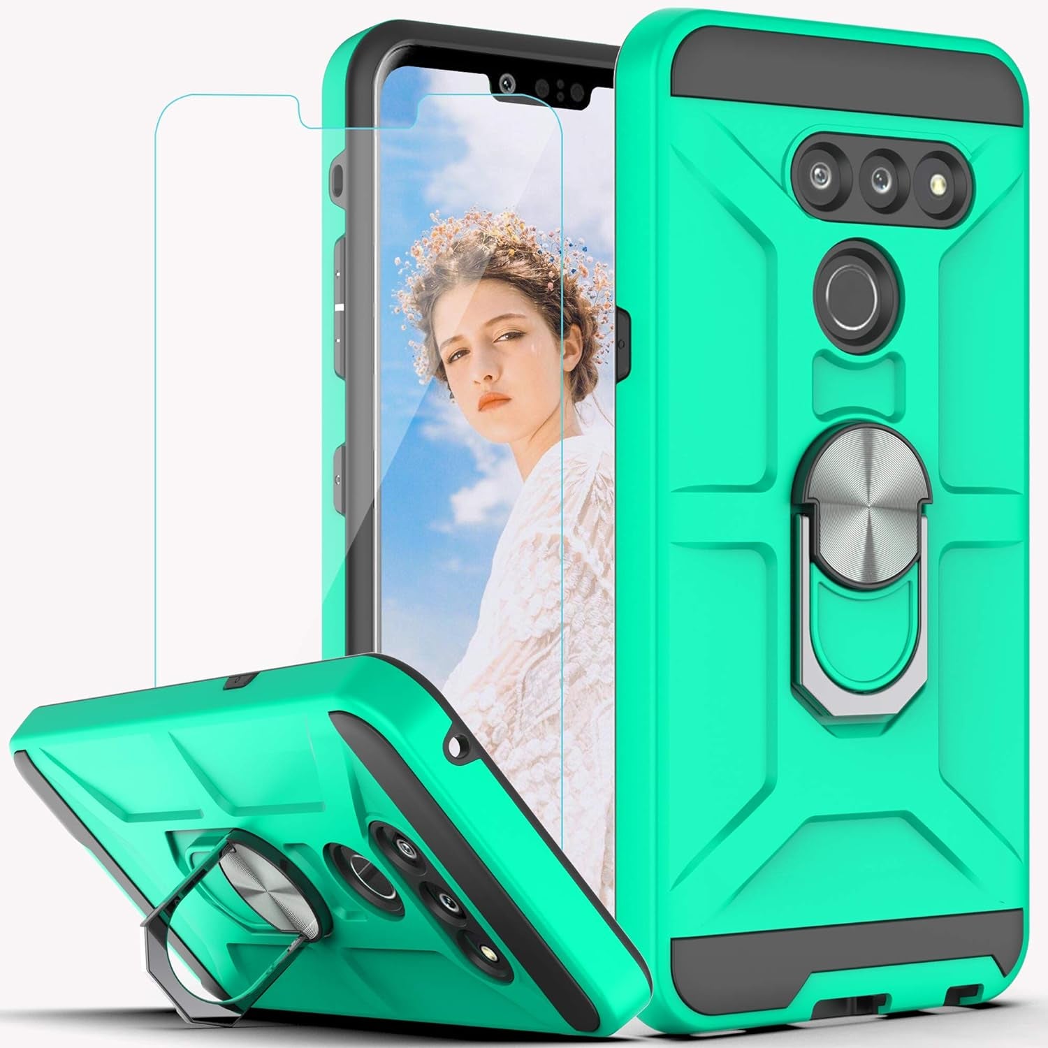 Ymhxcy Compatible for LG G8/G8 Thinq Case with HD Screen Protector,360 Degree Rotating Ring Kickstand Holder Dual Layers of Shockproof Phone Case for LG G8-ZS Rose Gold  YmhxcY Zs-Mint  