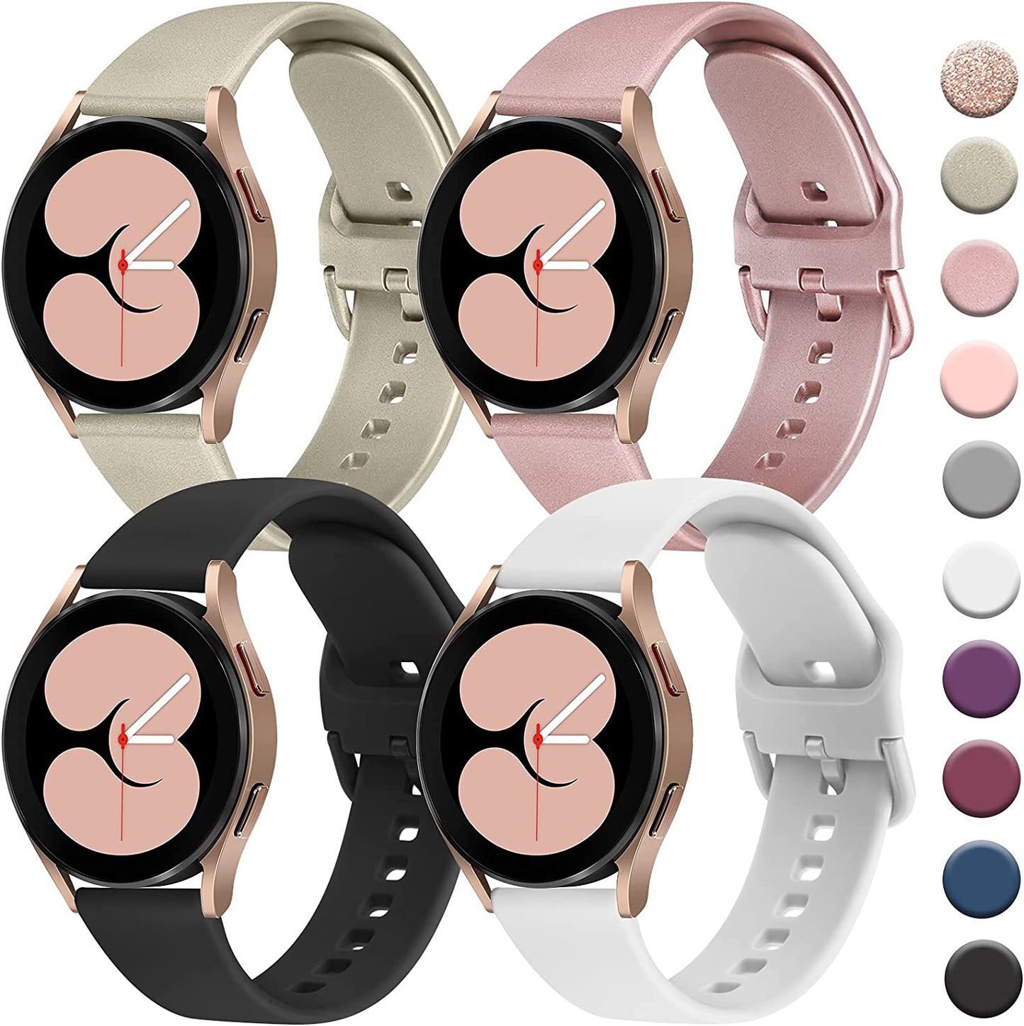 4 PACK Bands Compatible with Samsung Galaxy Watch 4 Band 40Mm 44Mm, Galaxy Watch 4 Classic Band 42Mm 46Mm, Galaxy Watch 5 Bands, Galaxy Watch 5 Pro, 20Mm Adjustable Silicone Sport Strap Replacement Band for Galaxy Watch 4 / 5 Women Men  Wanme RoseGold+Gold+White+Black  