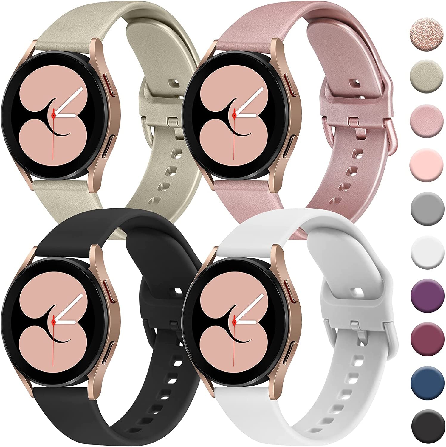 4 PACK Bands Compatible with Samsung Galaxy Watch 4 Band 40Mm 44Mm, Galaxy Watch 4 Classic Band 42Mm 46Mm, Galaxy Watch 5 Bands, Galaxy Watch 5 Pro, 20Mm Adjustable Silicone Sport Strap Replacement Band for Galaxy Watch 4 / 5 Women Men  Wanme RoseGold+Gold+White+Black  