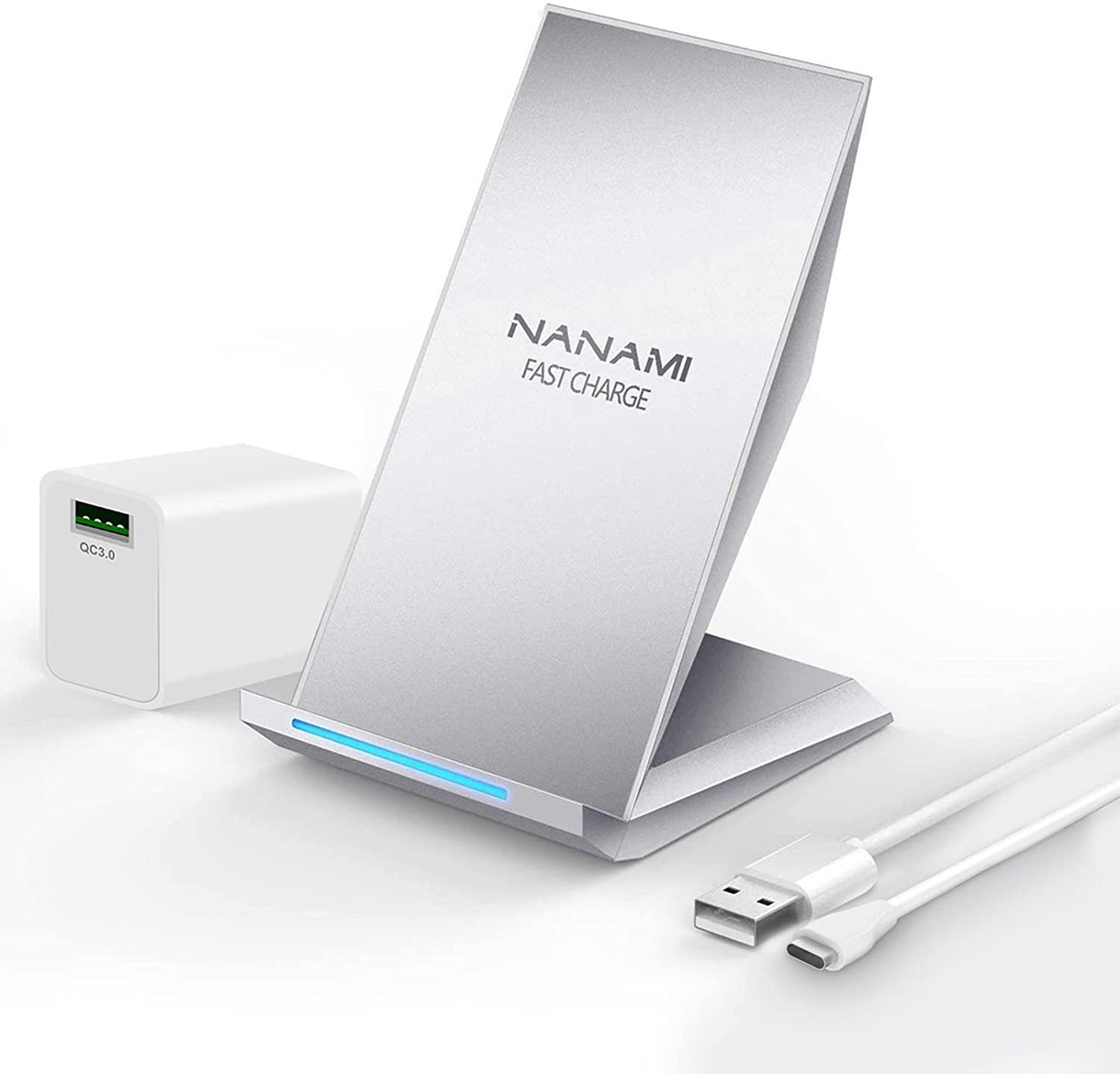 NANAMI Fast Wireless Charger with USB Phone Charger, Qi Certified Charging Stand with QC3.0 Adapter 7.5W Compatible Iphone 14/13/12/SE 2020/11/XS,10W for Samsung Galaxy S23/S22/S21/S20/S10/Note 20/10  NANAMI Elegant Silver  