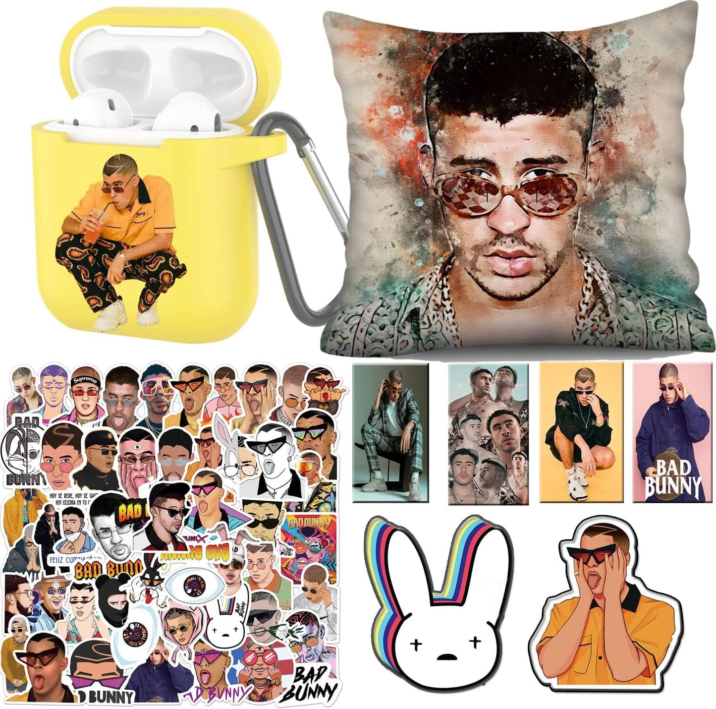 ADFER Bad Bunny 50 Pcs Stickers Bracelet Poster Phone Holder Lomo Cards Button Face Mouth Covers Necklace Compatible with Airpods 1&2/Airpods Pro/3 (1&2, Yellow)  ADFER   