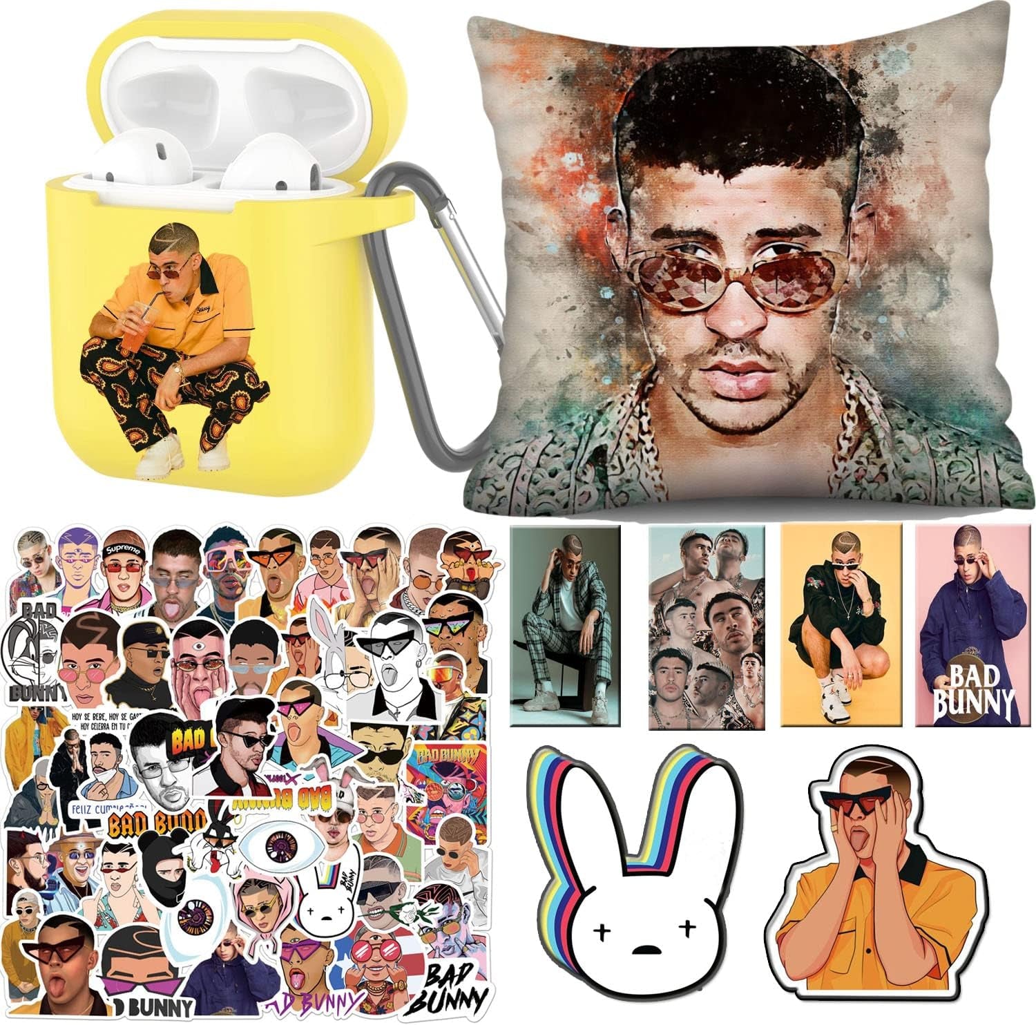 ADFER Bad Bunny 50 Pcs Stickers Bracelet Poster Phone Holder Lomo Cards Button Face Mouth Covers Necklace Compatible with Airpods 1&2/Airpods Pro/3 (1&2, Yellow)  ADFER   