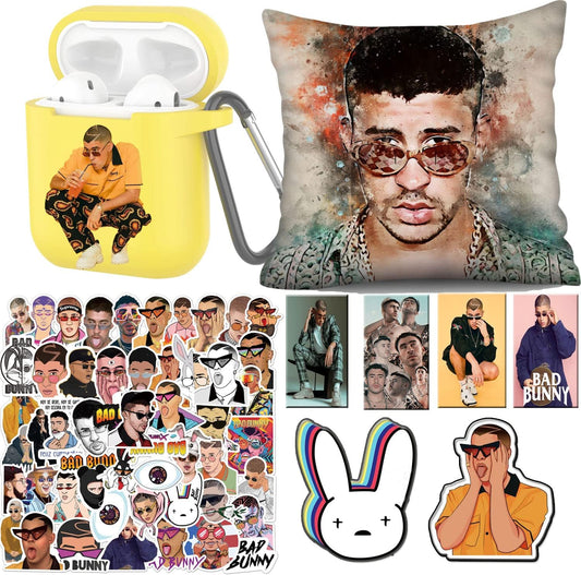 ADFER Bad Bunny 50 Pcs Stickers Bracelet Poster Phone Holder Lomo Cards Button Face Mouth Covers Necklace Compatible with Airpods 1&2/Airpods Pro/3 (1&2, Yellow)  ADFER   